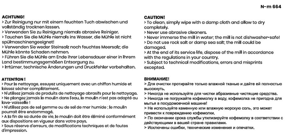 Sicherheitshinweise für die manuelle Pfeffer- oder Salzmühle in schwarz.