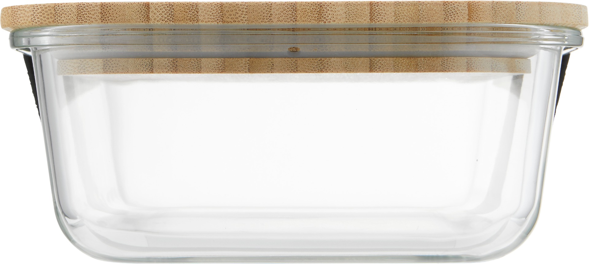 Kurze Seite der umweltfreundlichen Aufbewahrungsbox aus hitzebeständigem Borosilikatglas mit schwarzem, elatsischem Halteband.