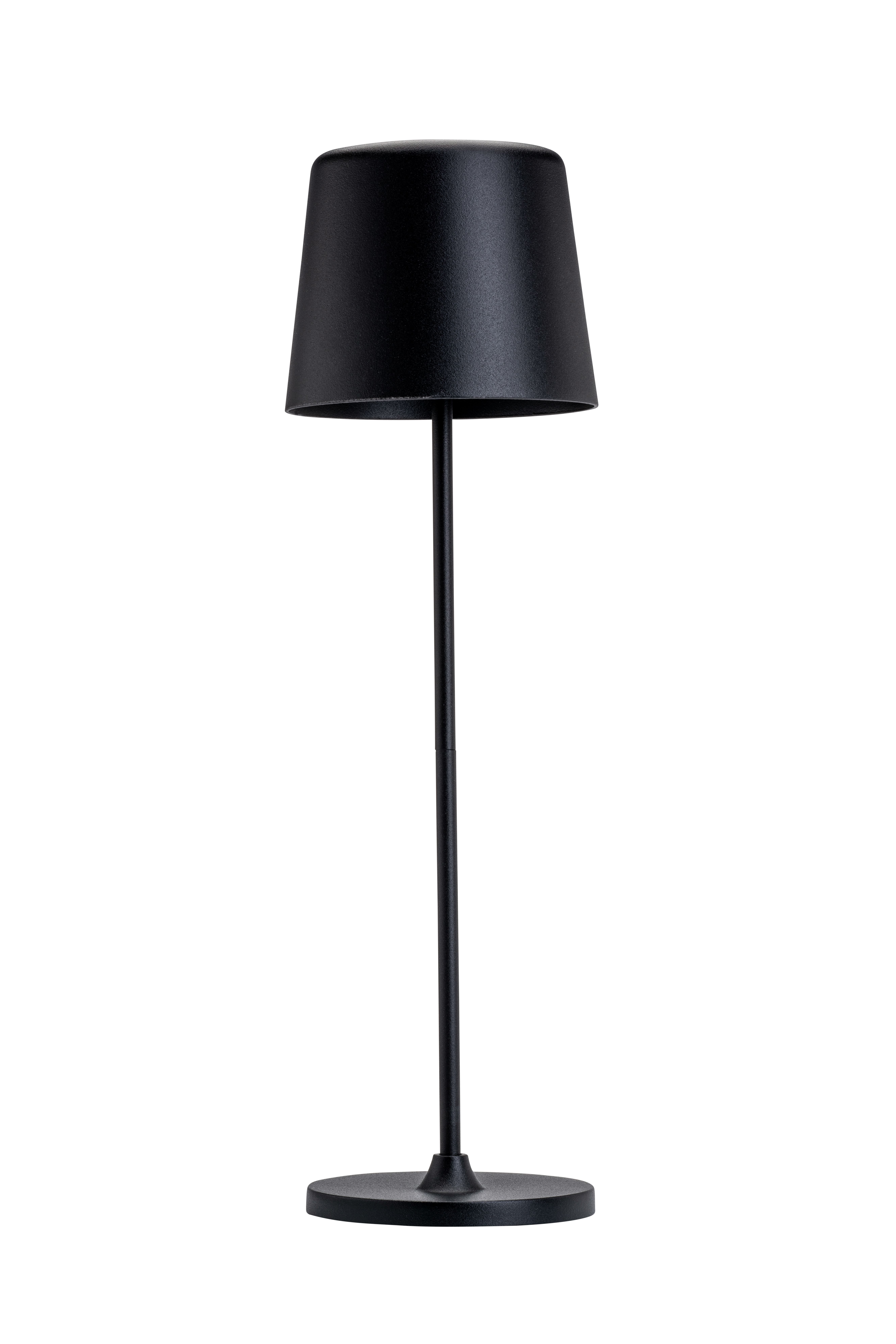 Schwarze, höhenverstellbare Tischleuchte für innen und draußen, dargestellt mit langem Mast.