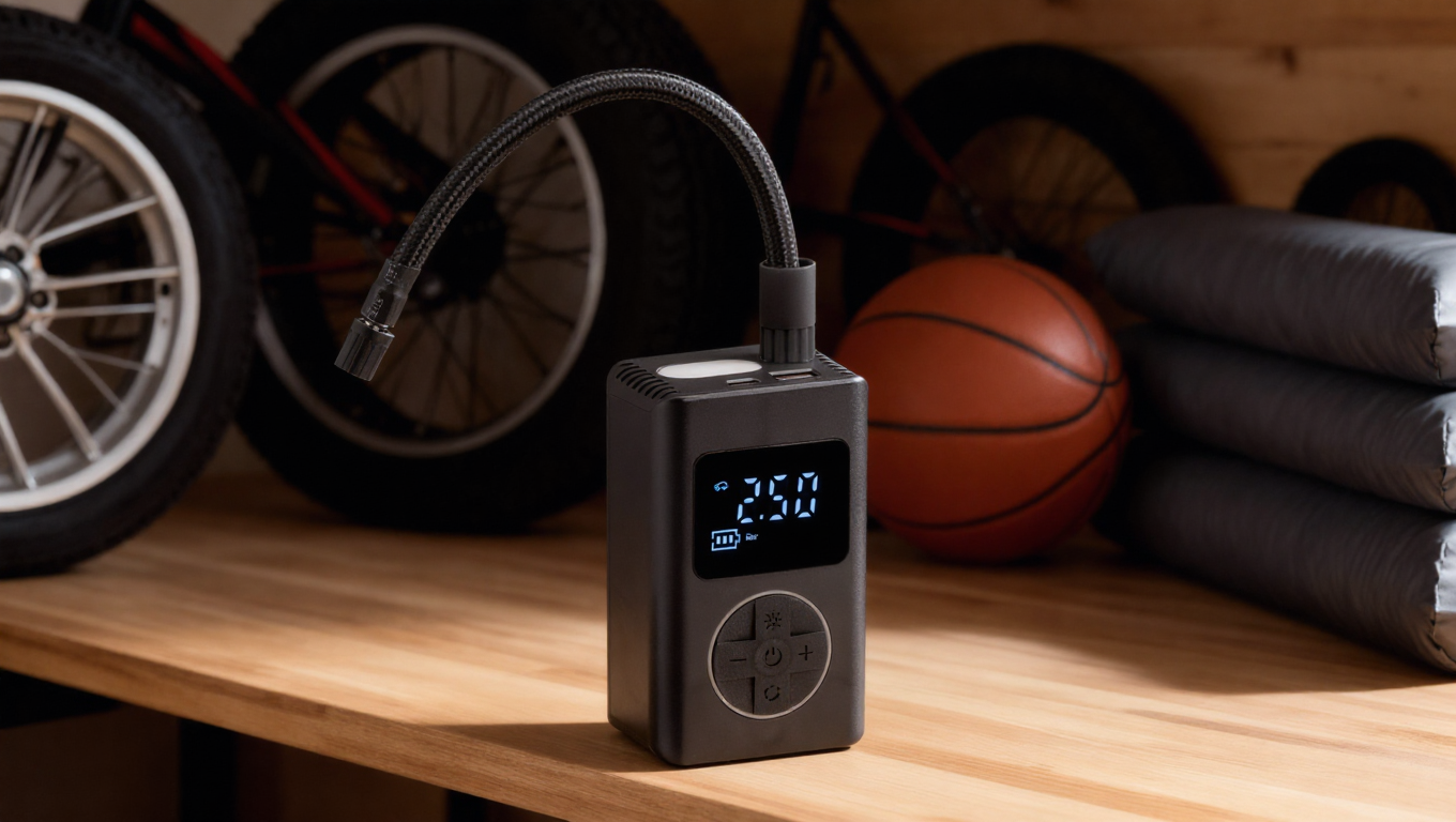 Universal-Akkupumpe für Auto, Fahrrad und Bälle mit vier Adapteraufsätzen und zwei 1800mAh Akkubatterien