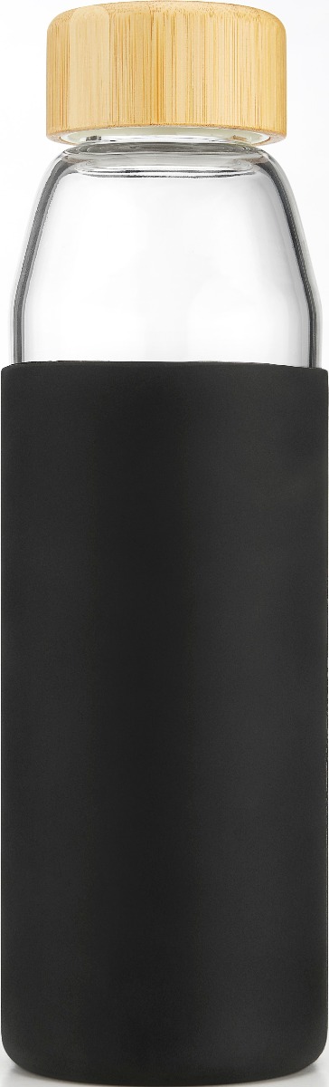 Umweltfreundliche Trinkflasche mit schwarzer Silikonhülle und Bambusverschluss.
