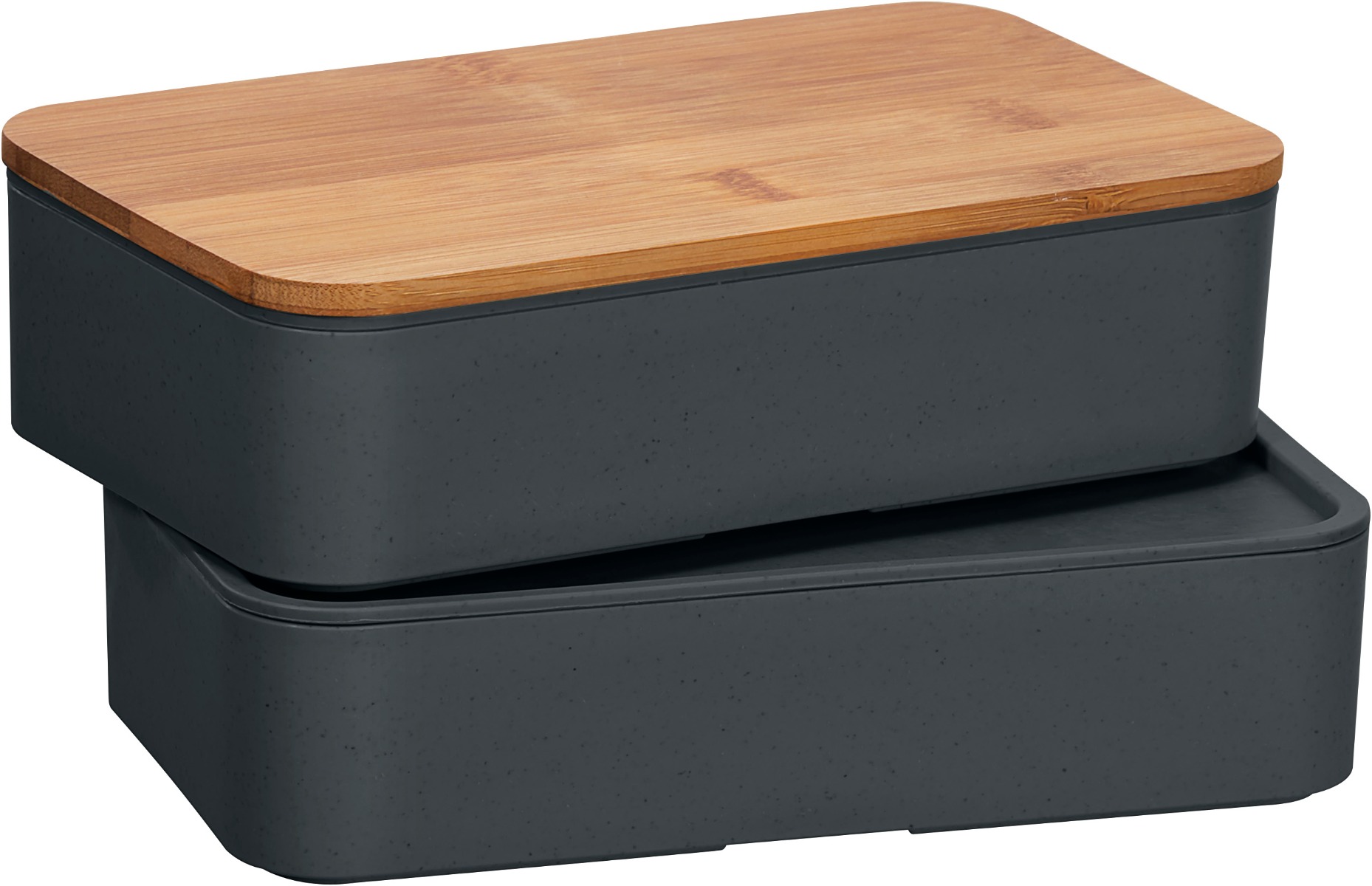 Umweltfreundliche Doppel-Lunchbox mit Bambusdeckel und Besteck, dargestellt ohne  Besteck und schräg übereinander gestellt.