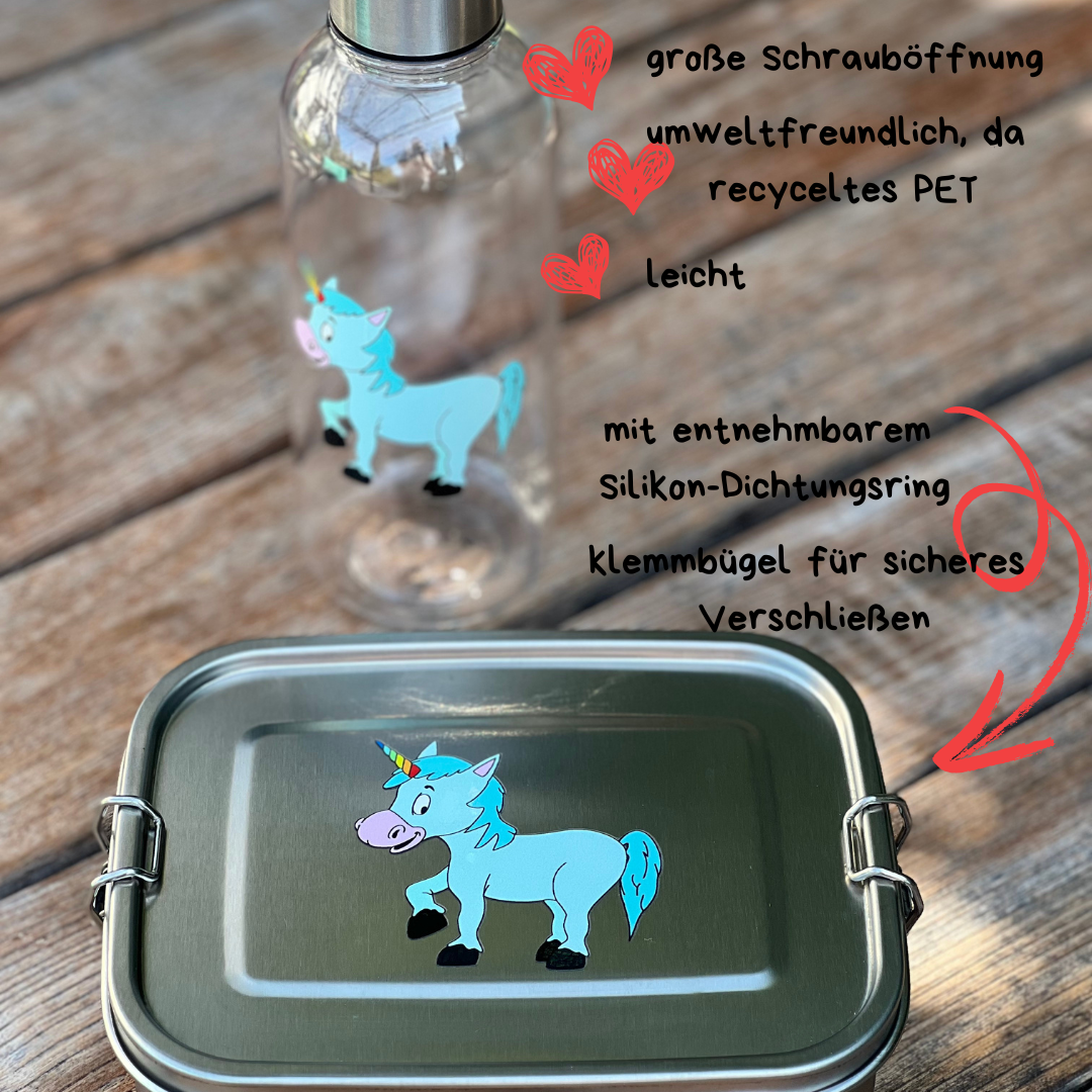 Kiddy LunchSet Einhorn mit Lunchbox und Trinflasche, abgebildet mit Produktmerkmalen.