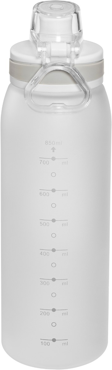 Trinkflasche aus gefrostetem Tritan, BPA frei, mit Klappdeckel und Sieb 900 ML, dargestellt mit offenem Deckel.