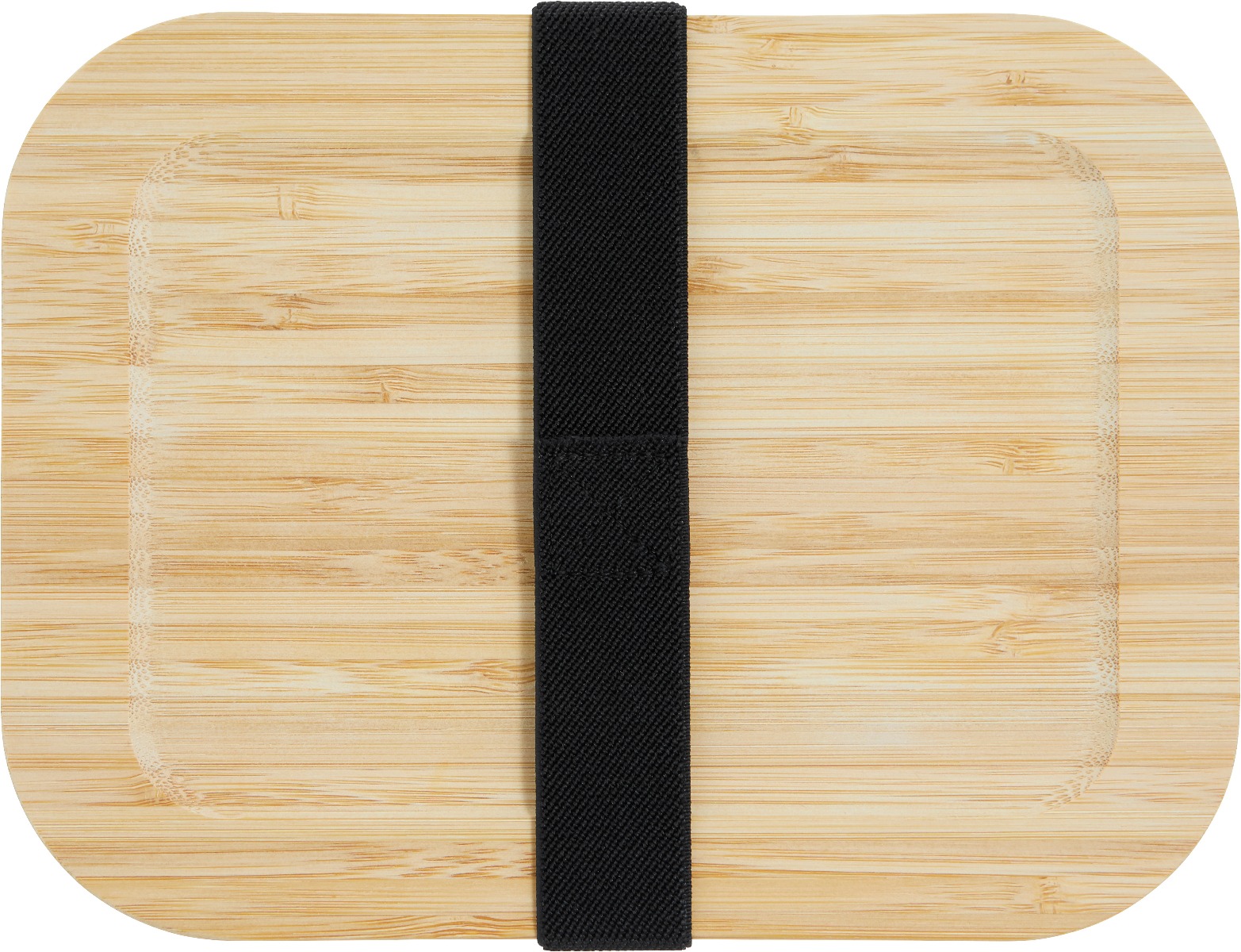 Umweltfreundliche Aufbewahrungsbox large aus hitzebeständigem Borosilikatglas mit naturbelassenem Bambusdeckel und schwarzem Halteband, dargestellt von oben.