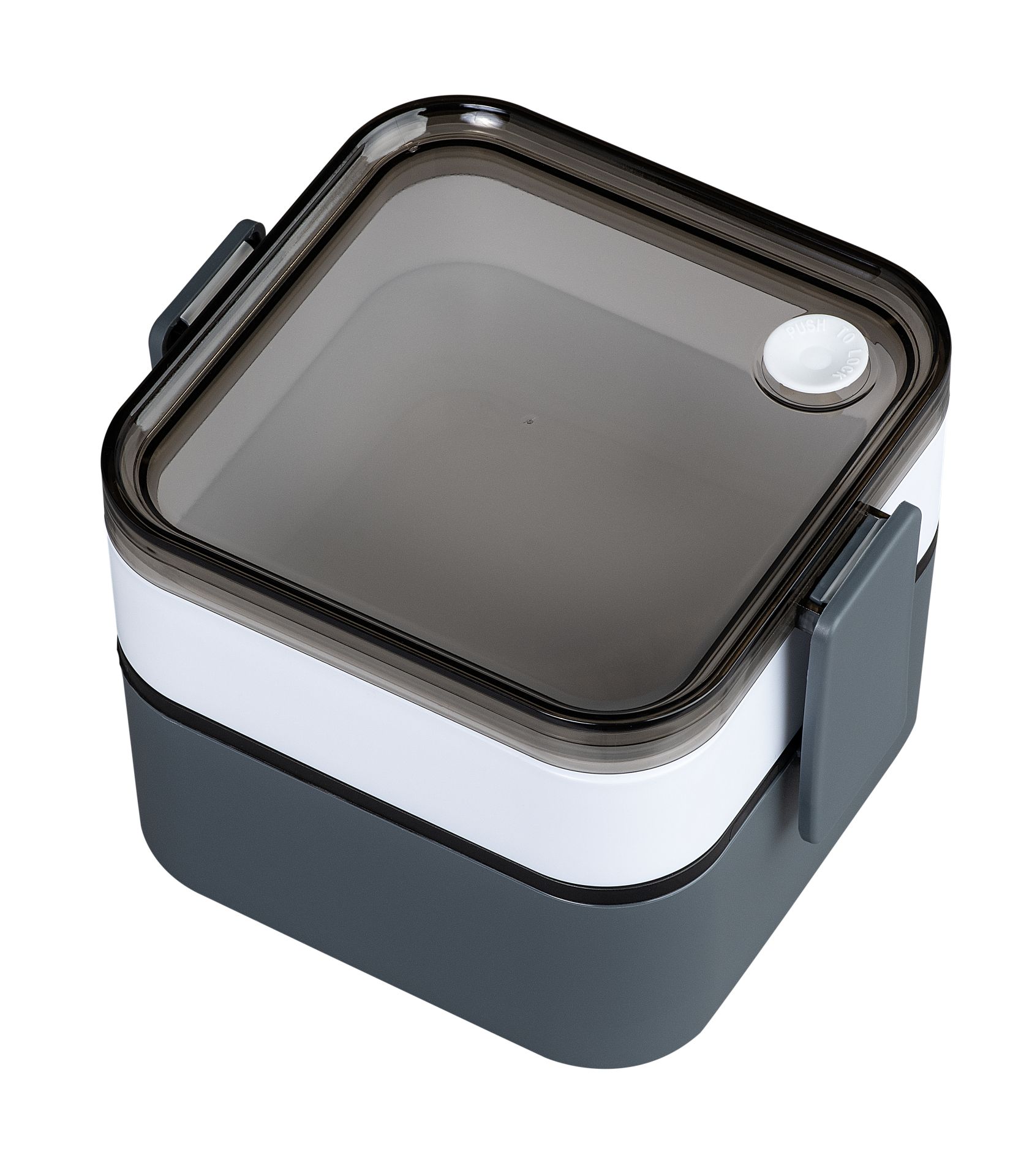 Quadratische Doppel-Lunchbox in weiss und grau, schräg dargestellt.
