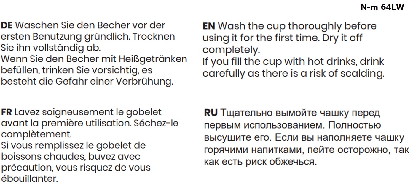 Sicherheitshinweise für den doppelwandigen Trinkbecher in weiss.