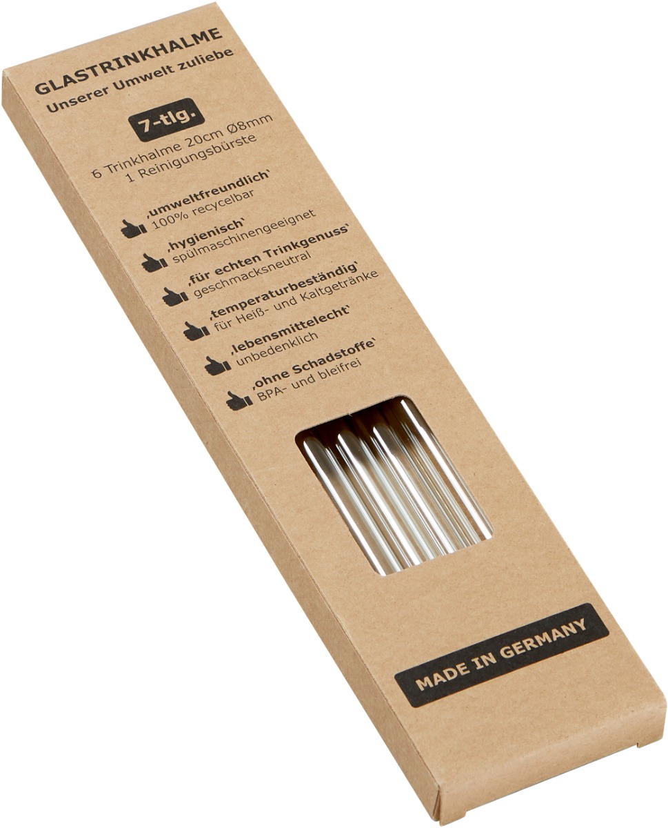 6 Trinkhalme aus Glas mit Reinigungsbürste, dargestellt in der Verpackung.