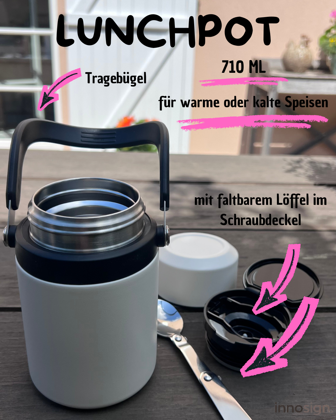Lunchpot aus Edelstahl in weiss für Speisen 710 ML mit faltbarem Löffel im Schraubdeckel und Tragebügel