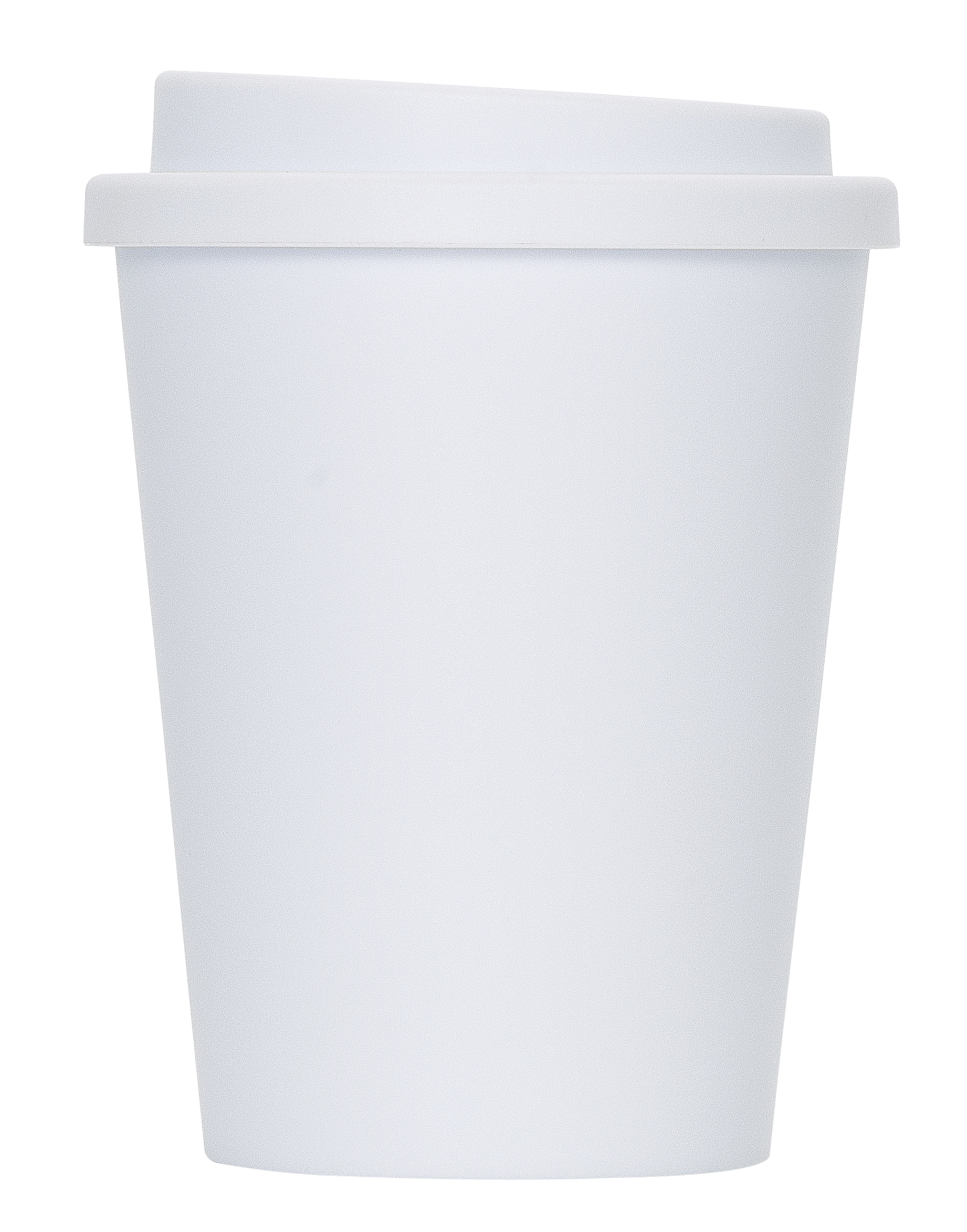 Doppelwandiger, weisser Trinkbecher aus recyceltem Polyprophylen mit Schraubdeckel und Trinköffnung, 300 ML.