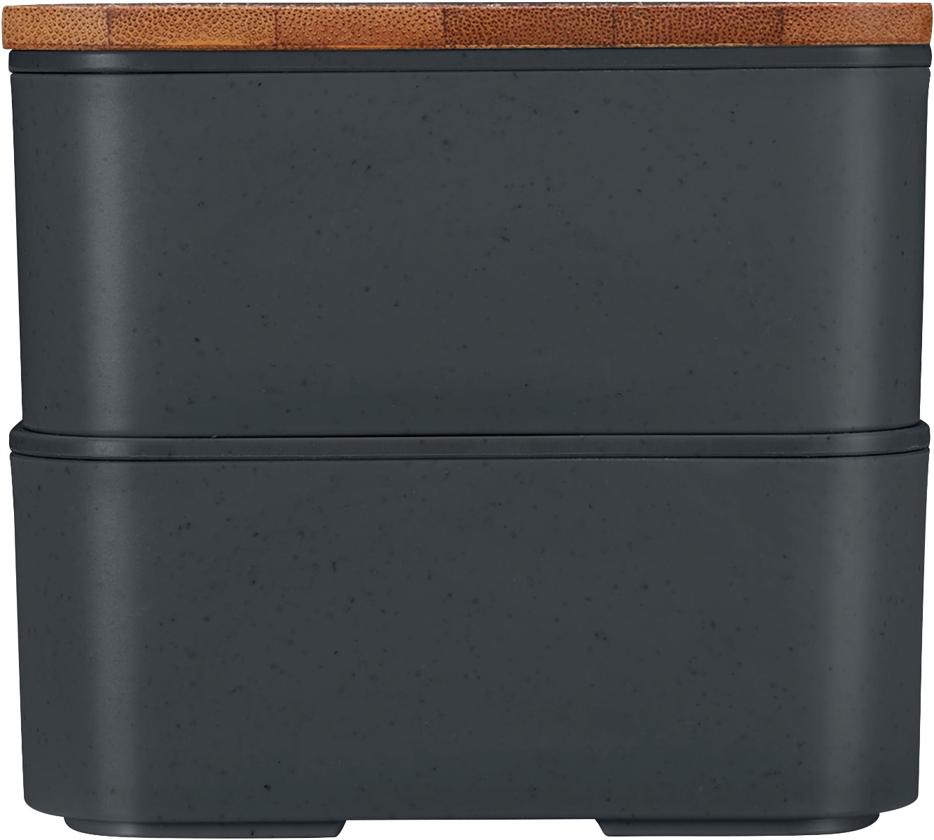 Kurze Seite der umweltfreundlichen Doppel-Lunchbox mit Bambusdeckel und Besteck.