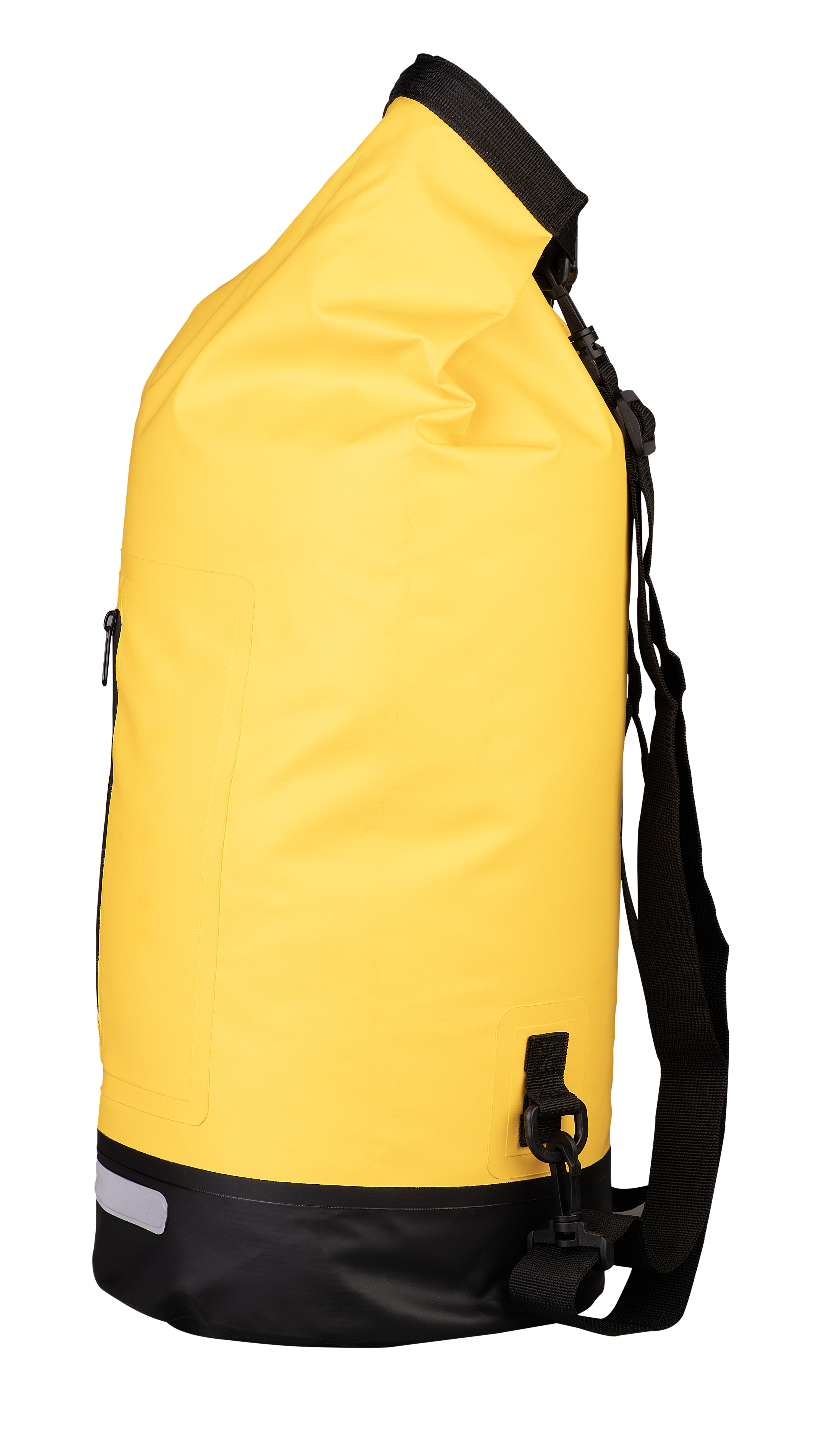 Transportsack in gelb 20l aus waserdichter PVC-Plane, frontal seitlich dargestellt.