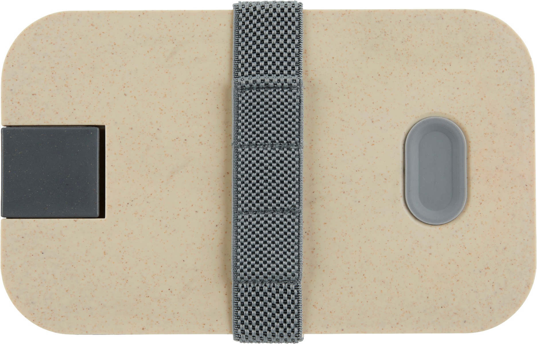 Lunchbox mit Smartphonehalter und Elastikband, von oben dargestellt.