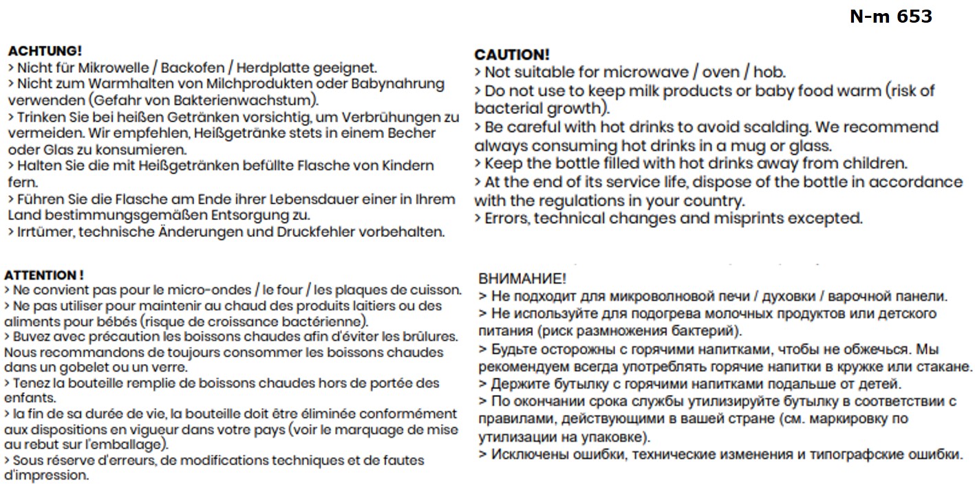 Sicherheitshinweise für die Vakuum Flasche in mattschwarz.