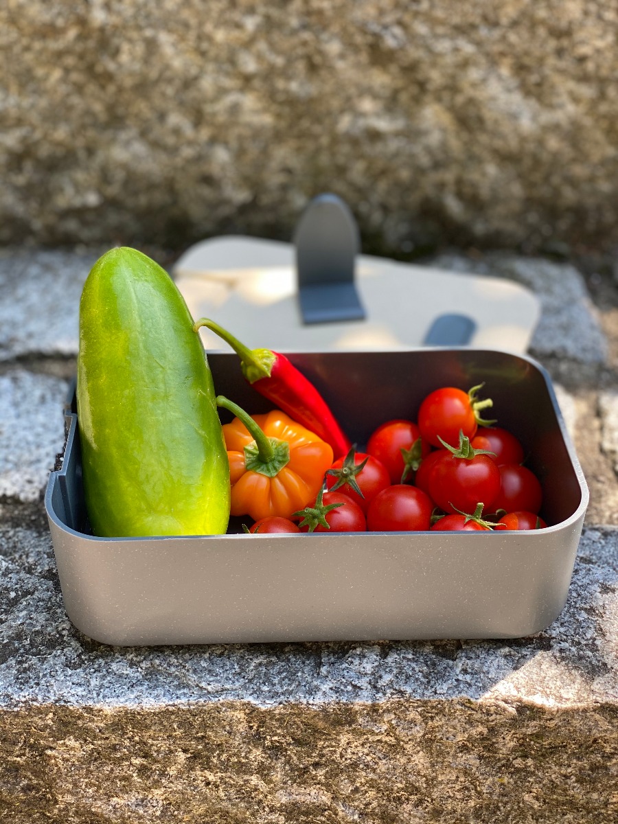 Nachhaltige Lunchbox mit Elastikband und Smartphonehalter, dargestellt geöffnet mit Gemüse.