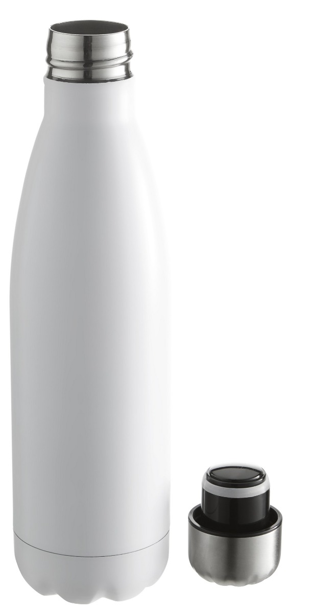Vakuumflasche in m attweiss aus Edelstahl 0,5L mit Scharubverschluss, dargestellt offen und der Deckel liegt neben der Flasche.