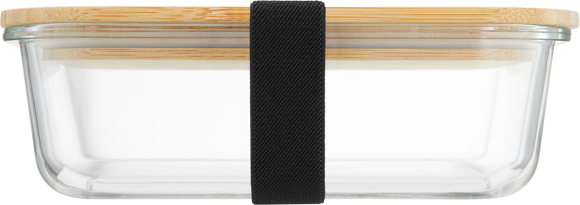 Lange Seite der umweltfreundlichen Aufbewahrungsbox aus hitzebeständigem Borosilikatglas mit elastischem, schwarzem Halteband.