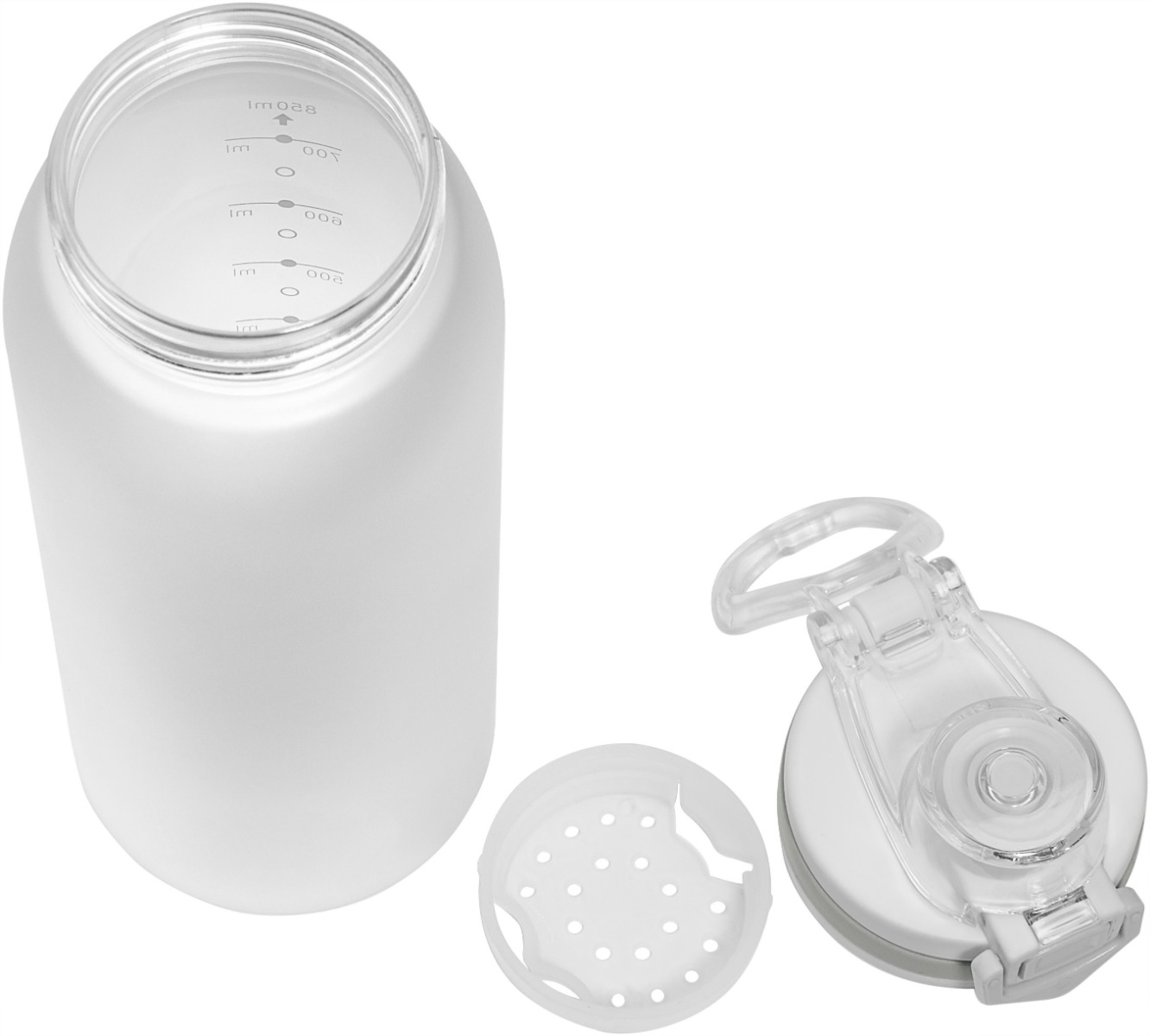 Trinkflasche aus gefrostetem Tritan, BPA frei, mit Klappdeckel und Sieb 900 ML, offen dargestellt, Sieb und Deckel daneben liegend.