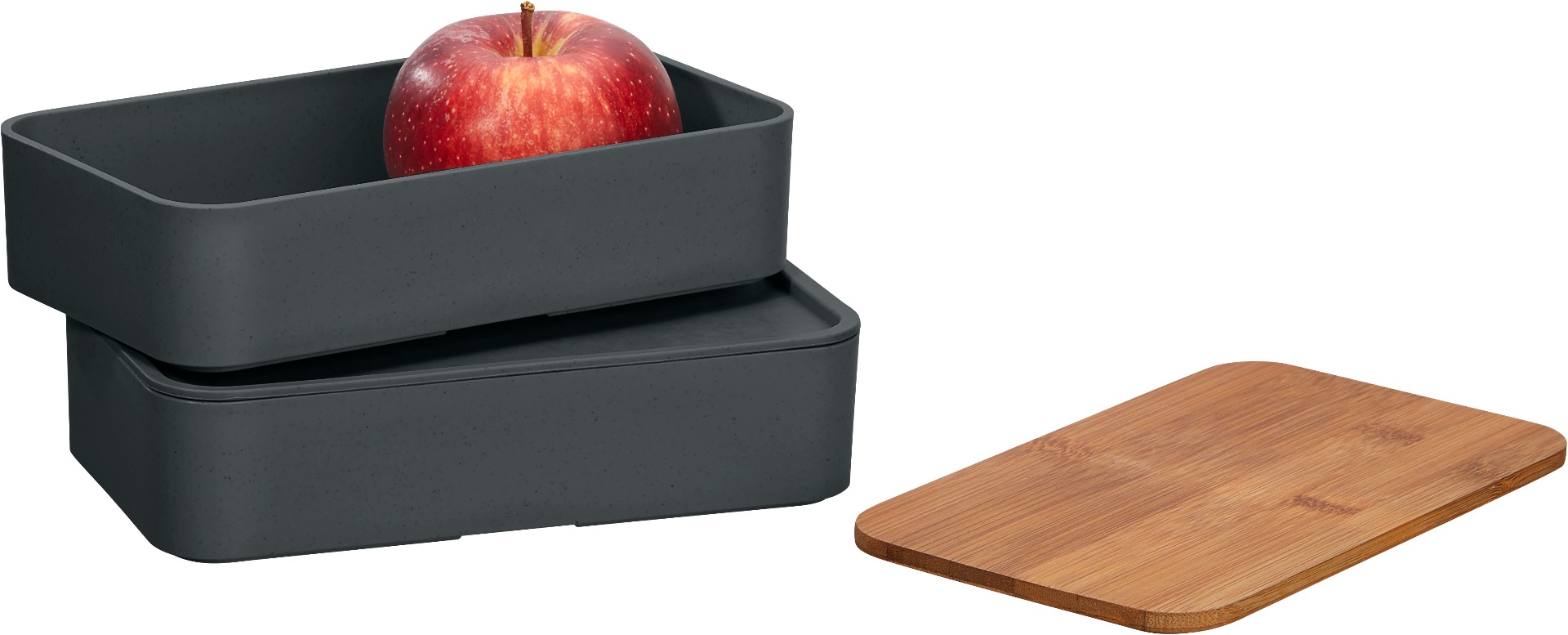 Umweltfreundliche Doppel-Lunchbox mit Bambusdeckel und Besteck, dargestellt übereinander, Deckel seitlich abgebildet.