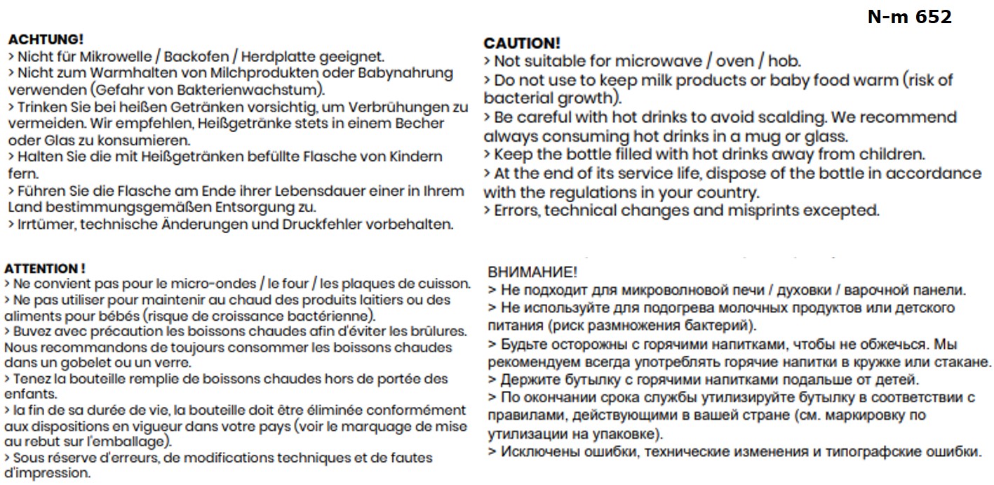 Sicherheitshinweise fpr die Vakuum Flasche in mattweiss.