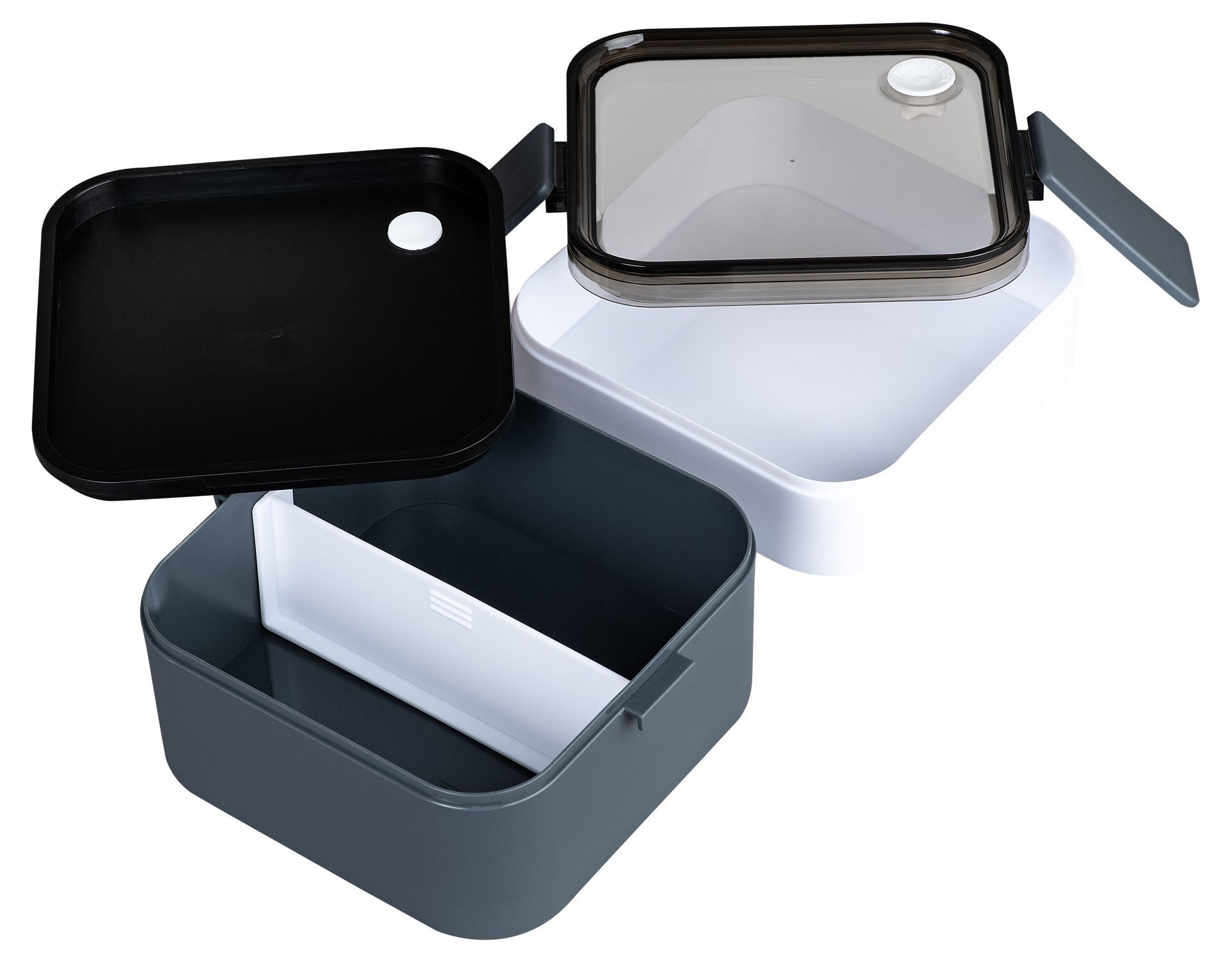 Quadratische Doppel-Lunchbox in grau und weiss, beide Boxen geöffnet dargestellt.