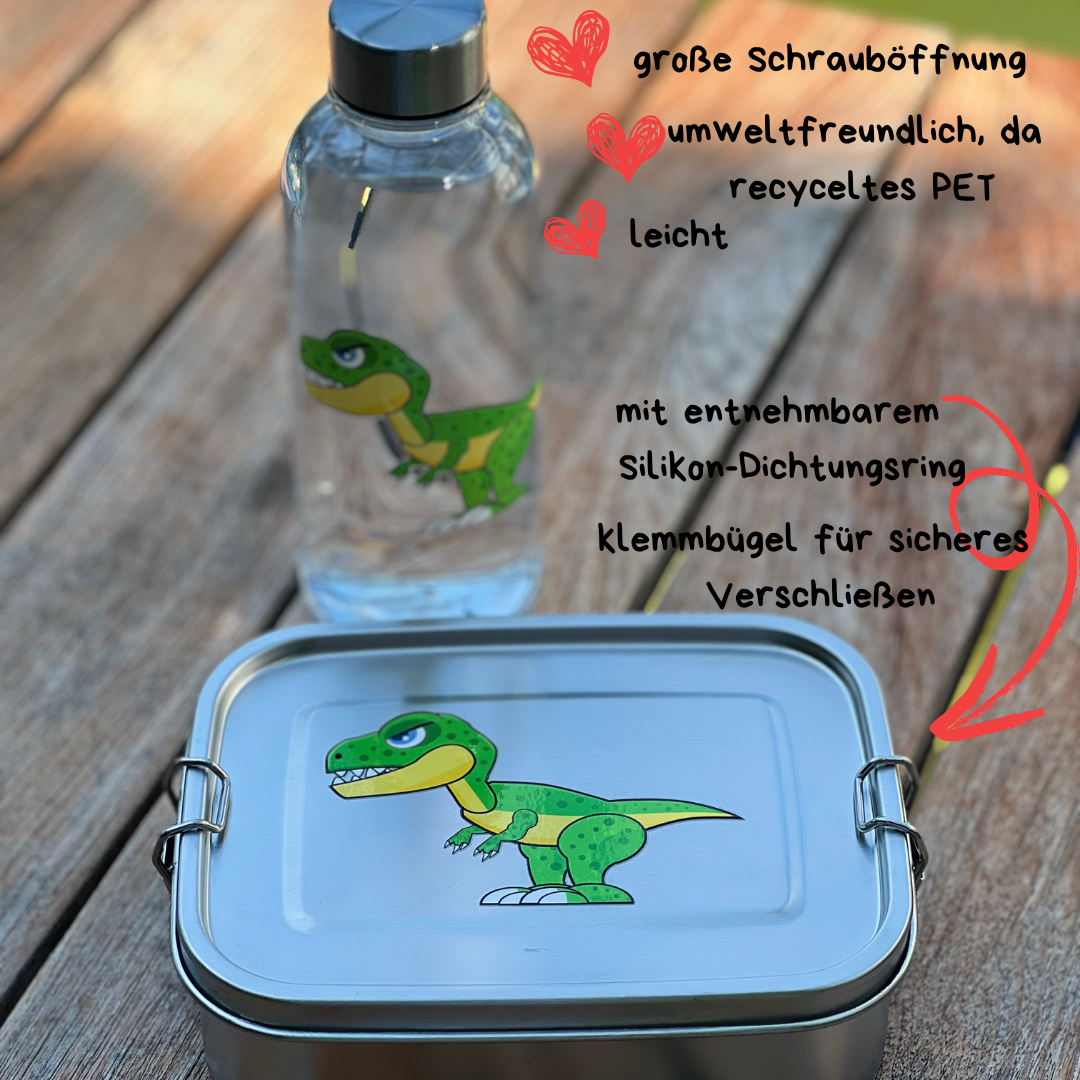 Kiddy Lunch Set Dino mit Lunchbox und Trinkflasche, abgebildet mit Produktmerkmalen.