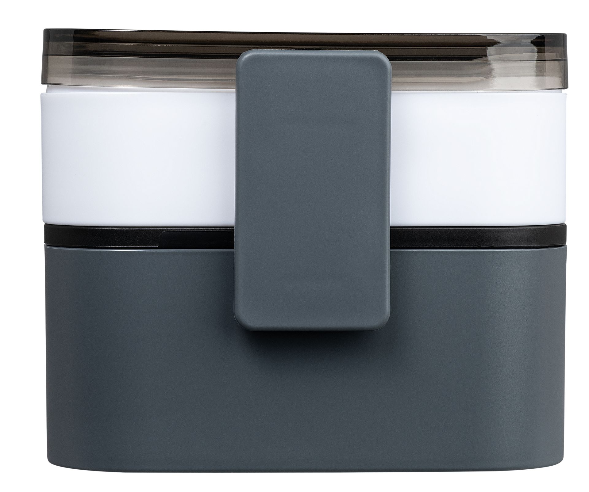 Doppel-Lunchbox in grau und weiss, seitlich dargestellt.