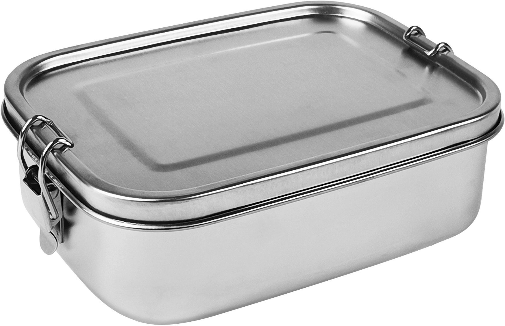 Umweltfreundliche Lunchbox mit Clip aus Edelstahl, seitlich schräg dargestellt.