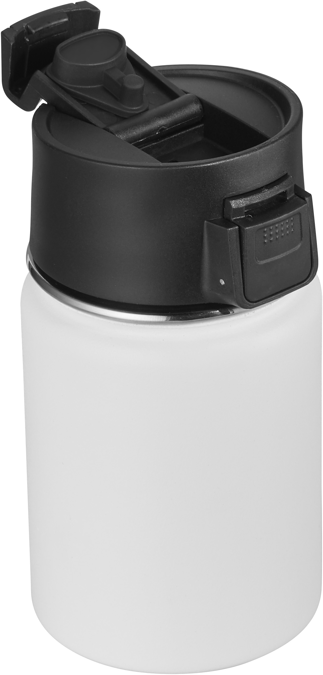 Kaffeebecher to go in weiss aus doppelwandigem Edelstahl mit Einhand-Clickverschluss 350 ML, dargestellt geöffnet.
