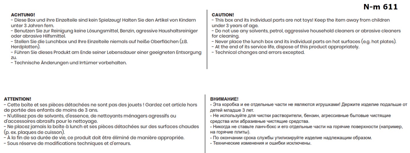 Sicherheitshinweise für quadratische Doppel-Lunchbox.