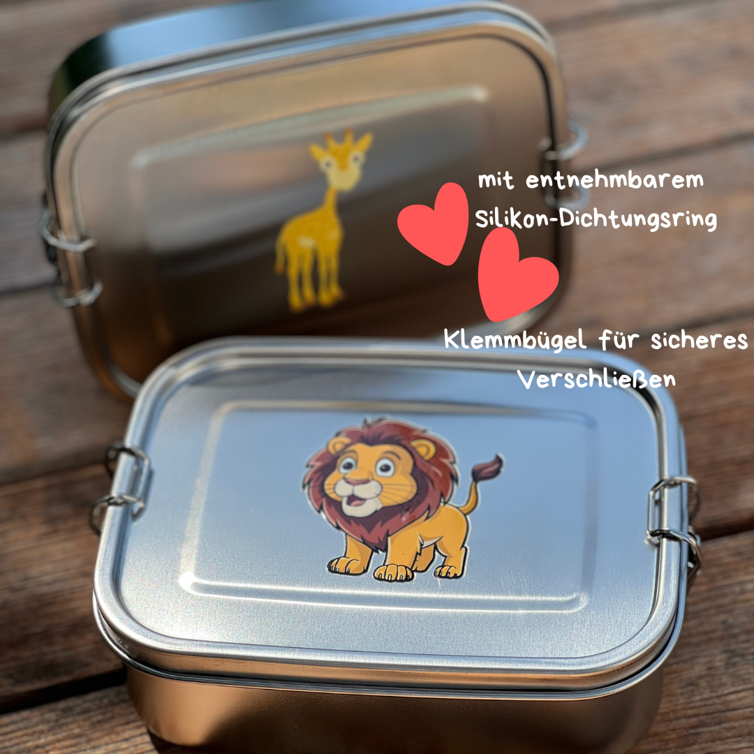 Kiddy Lunchboxen Set mit Löwe und Giraffe, abgebildet mit Produktmerkmalen.