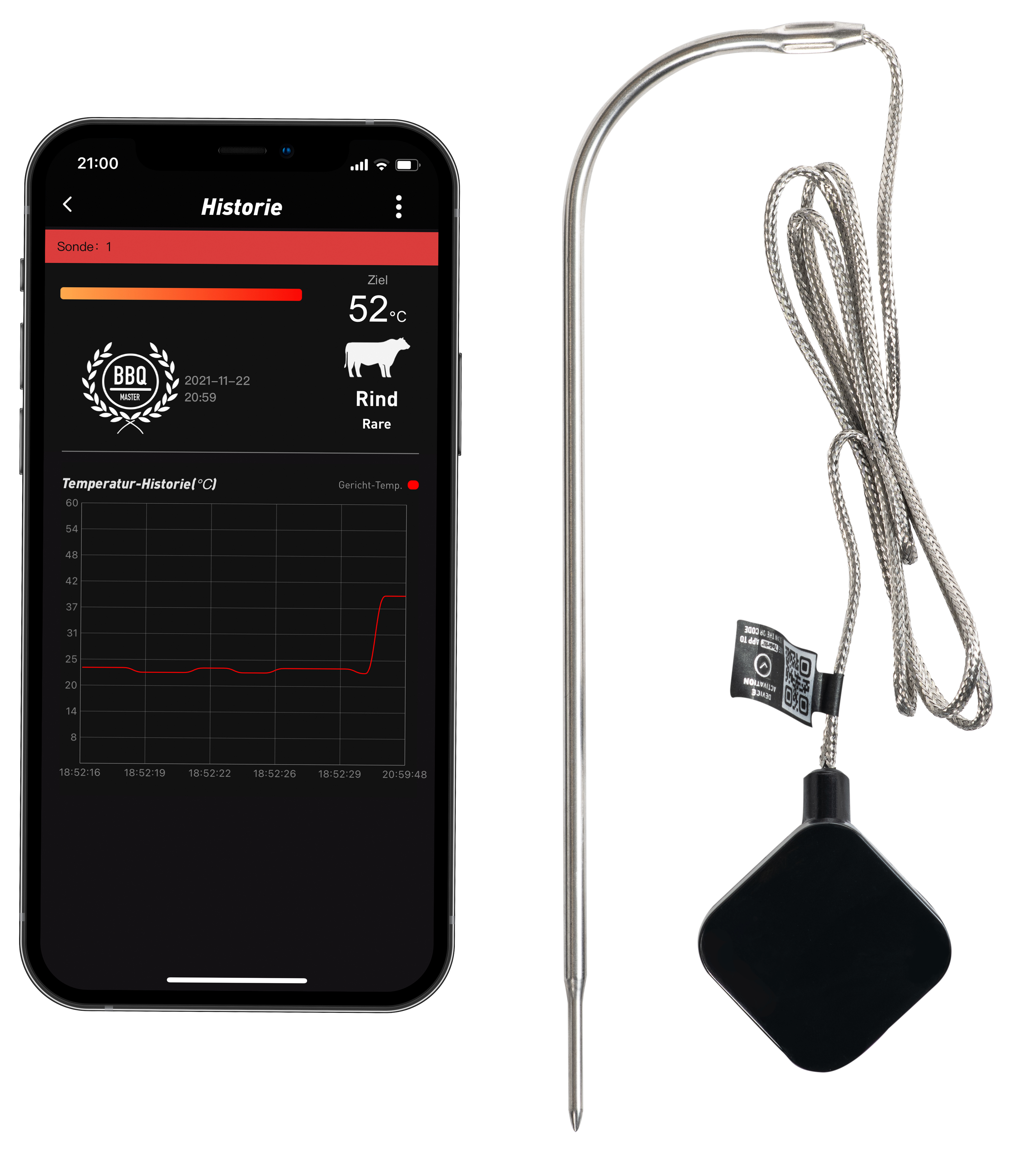 Ewireless Grillthermometer mit App, dargestellt mit einem Handy.