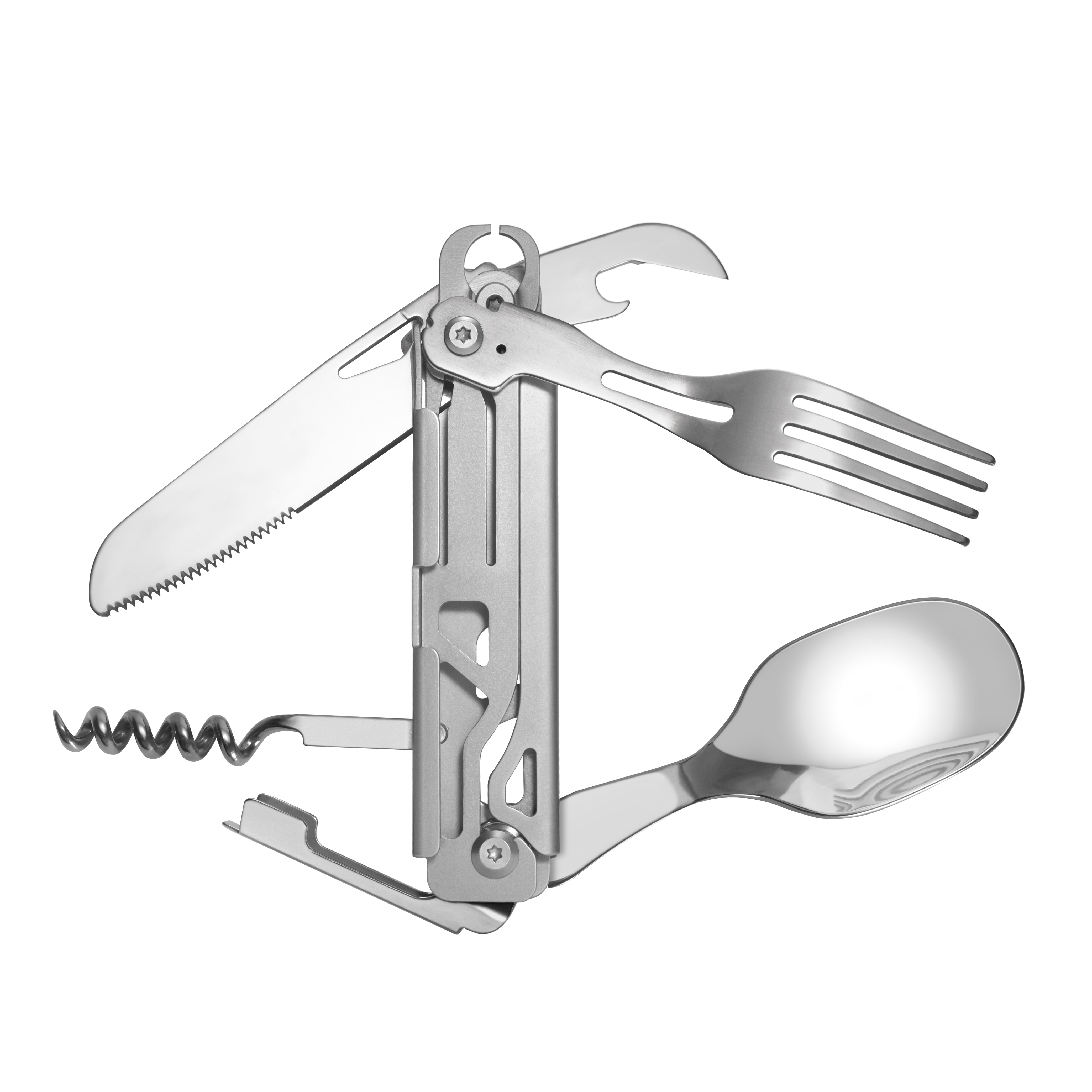 Outdoorbesteck-Set aus Edelstahl, frontal mit allen Bestandteilen geöffnet dargestellt.