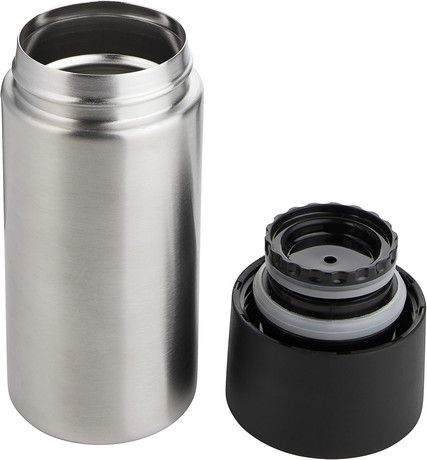 Thermosbecher 300 ML aus Edelstahl mit Druckverschluss, dargestellt offen und Deckel daneben liegend.