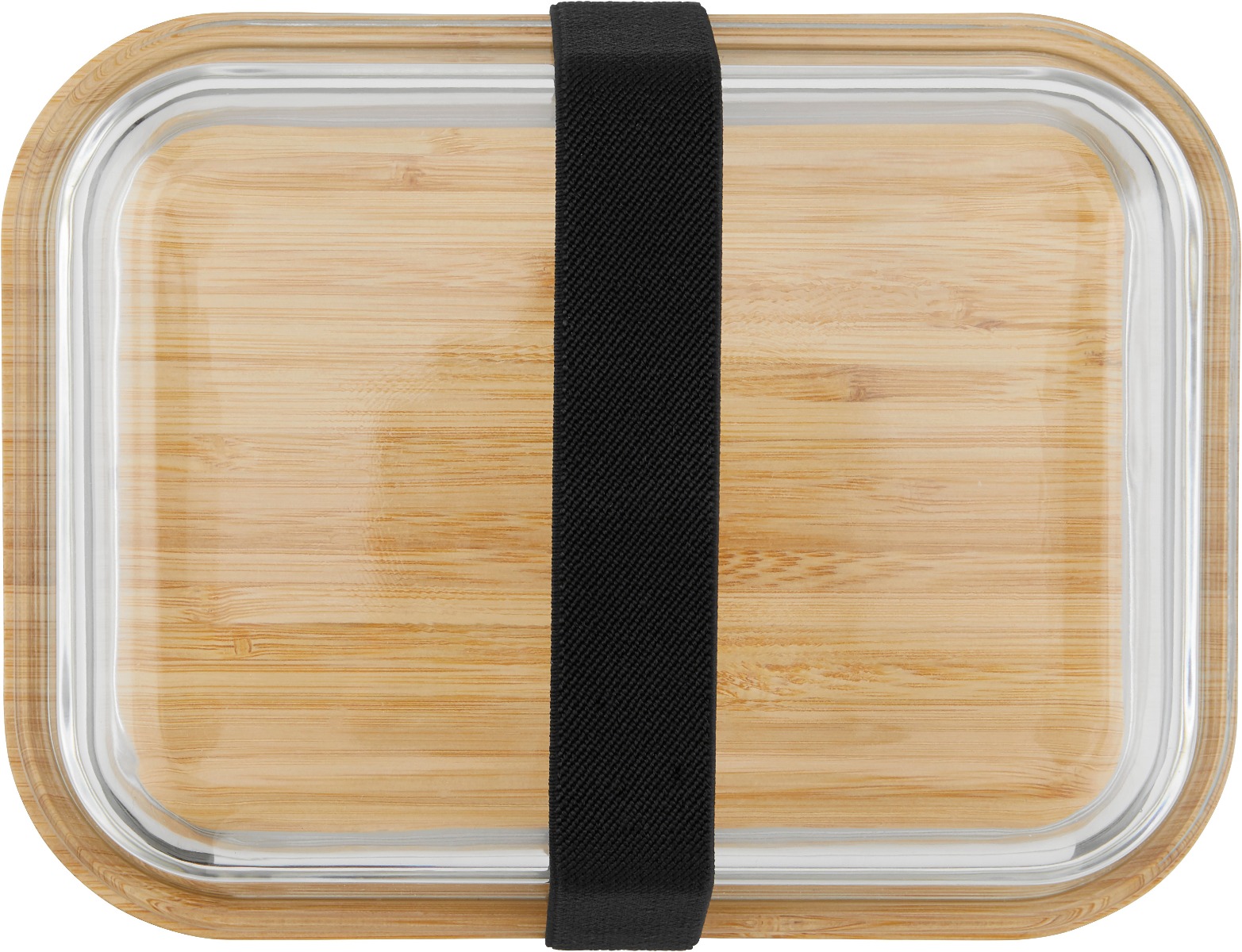 Umweltfreundliche Aufbewahrungsbox large aus Borosilikatglas mit naturbelassenem Bambusdeckel und schwarzem Halteband, dargestellt von oben.