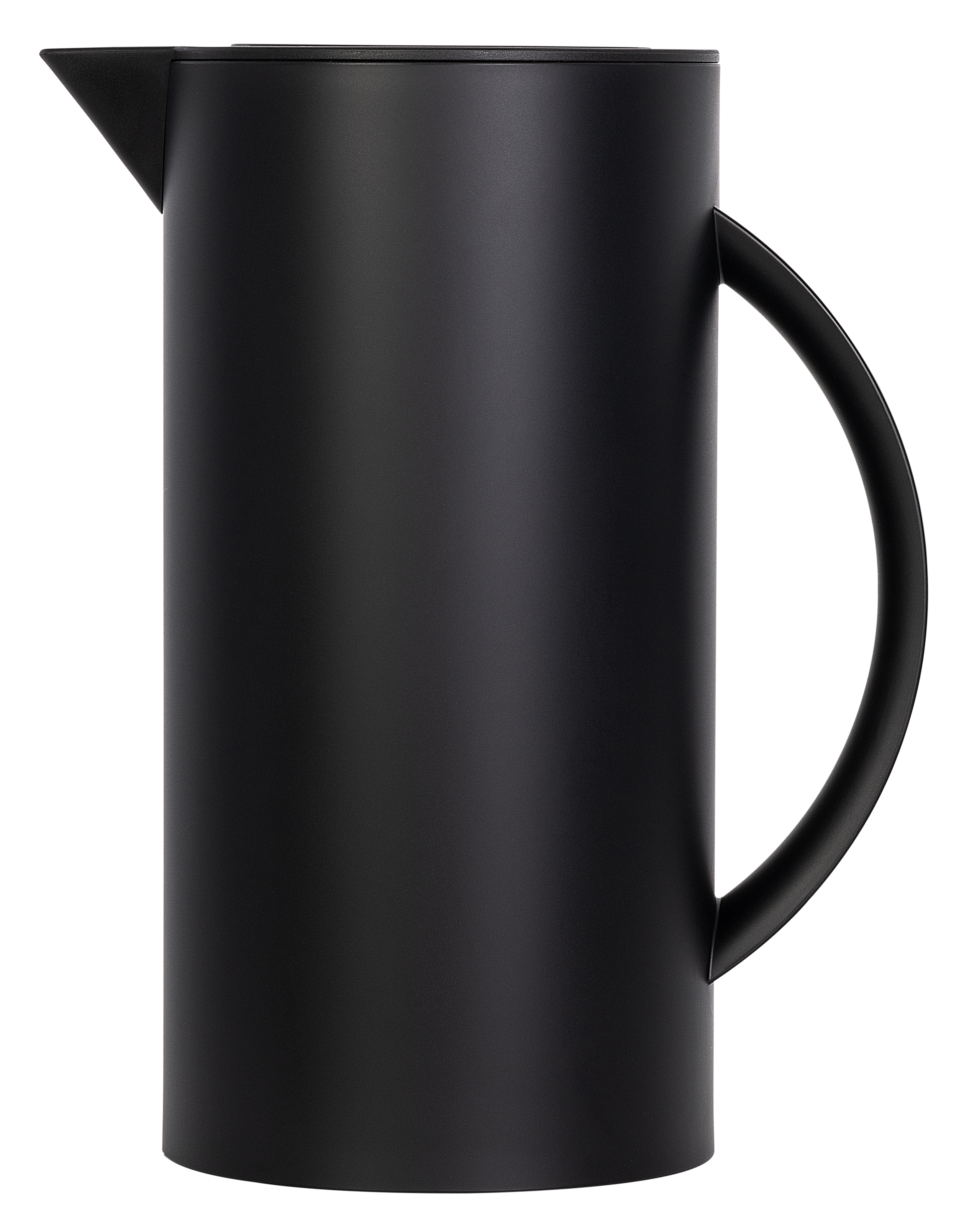 Schwarze Isolierkanne 1l mit Glaskolben, Seitenansicht.