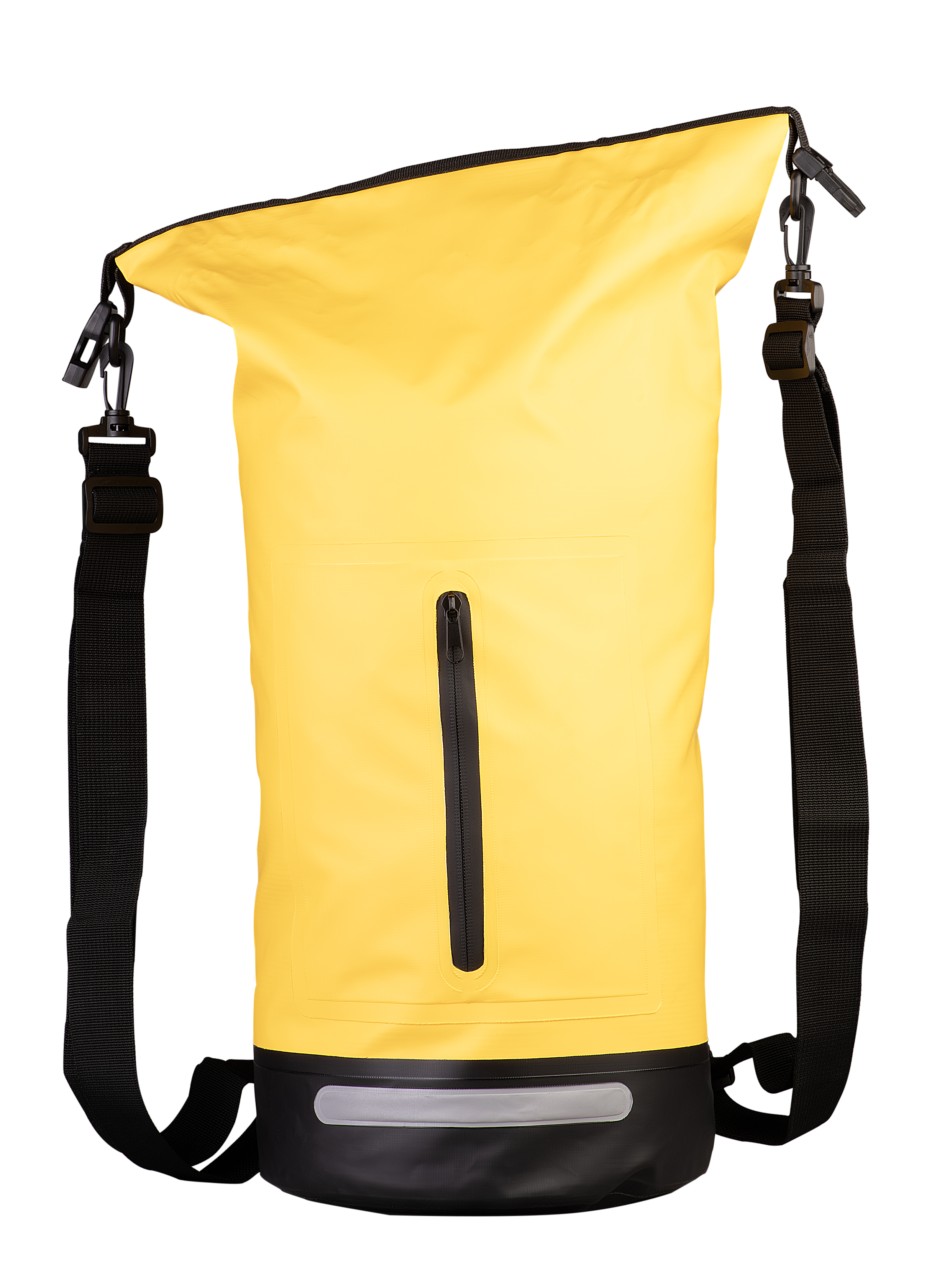 Transportsack in gelb 20 l mwasserdicht aus PVC-Plane,frontal mit der Vorderseite dargestellt.