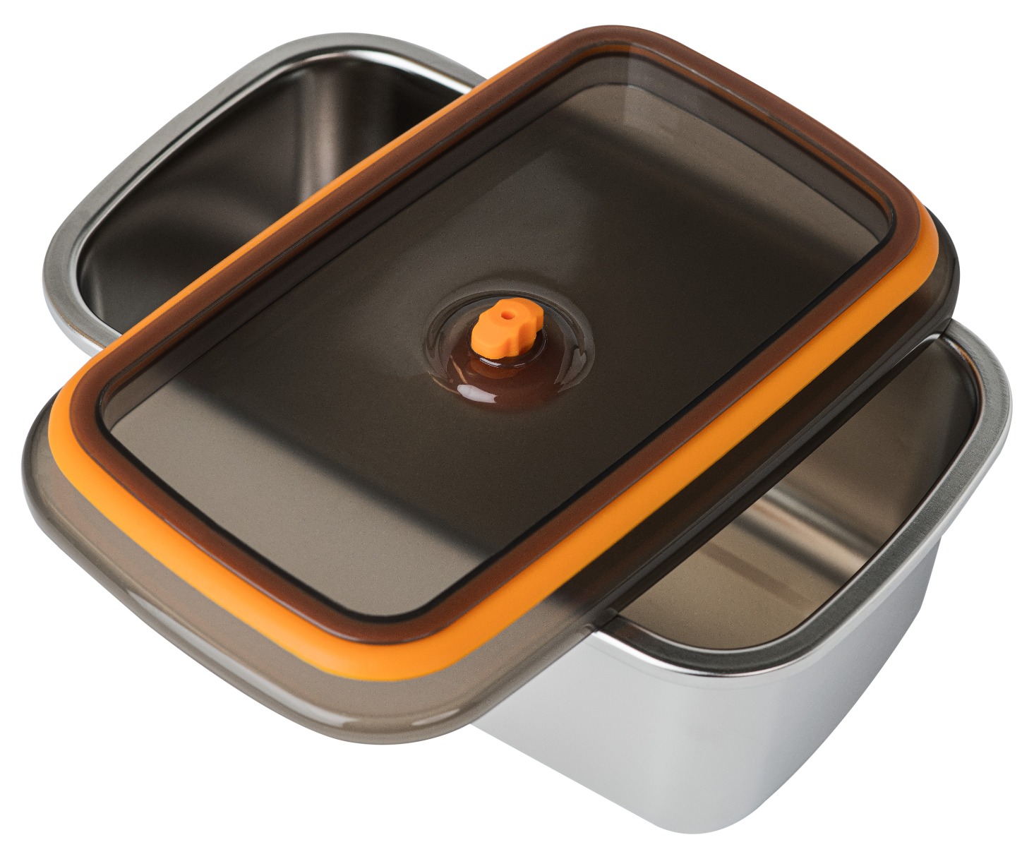 Auslaufsichere Lunchbox mit flexiblem Deckel, dargestellt mit umgedrehtem Deckel, damit die Silikondichtung sichtbar ist.