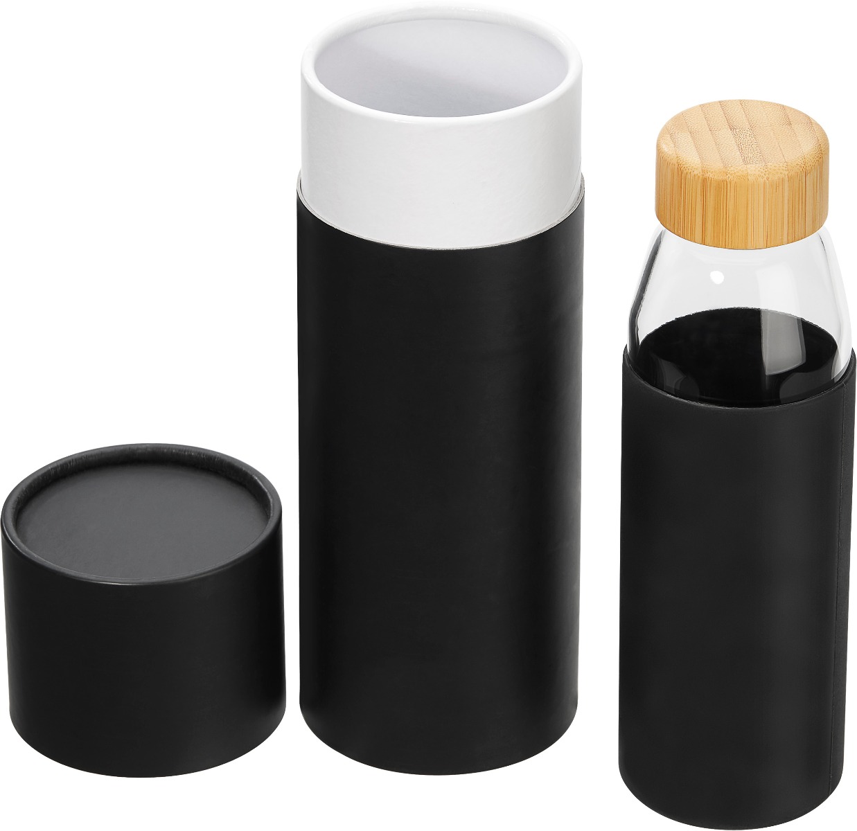 Umweltfreundliche Trinkflasche 500 ML mit schwarzer Silikonhülle und Bambusverschluss, dargestellt mit geöffneter Geschenkbox.