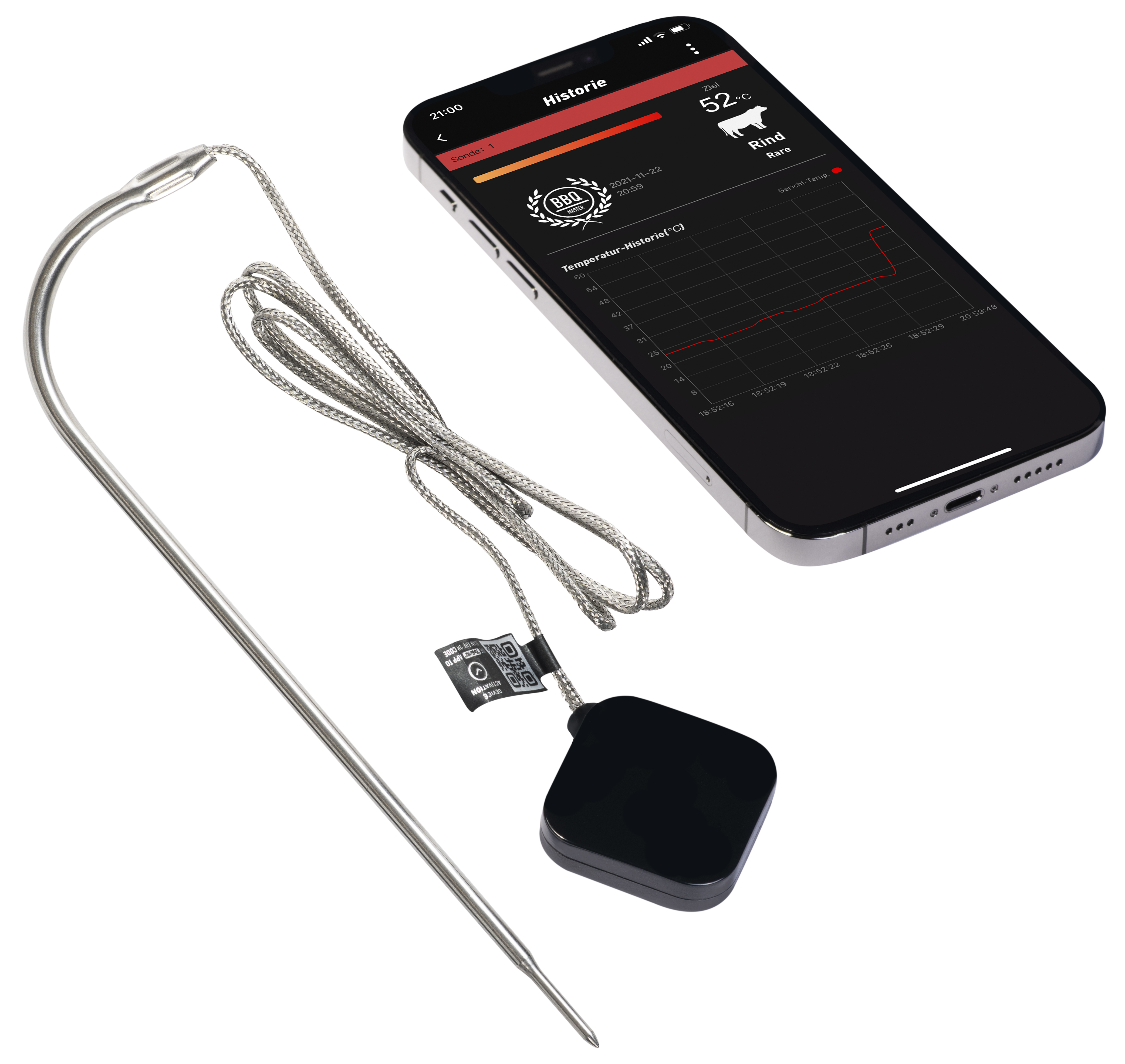 Wireless Grillthermometer mit App, dargestellt von oben mit einem Handy.