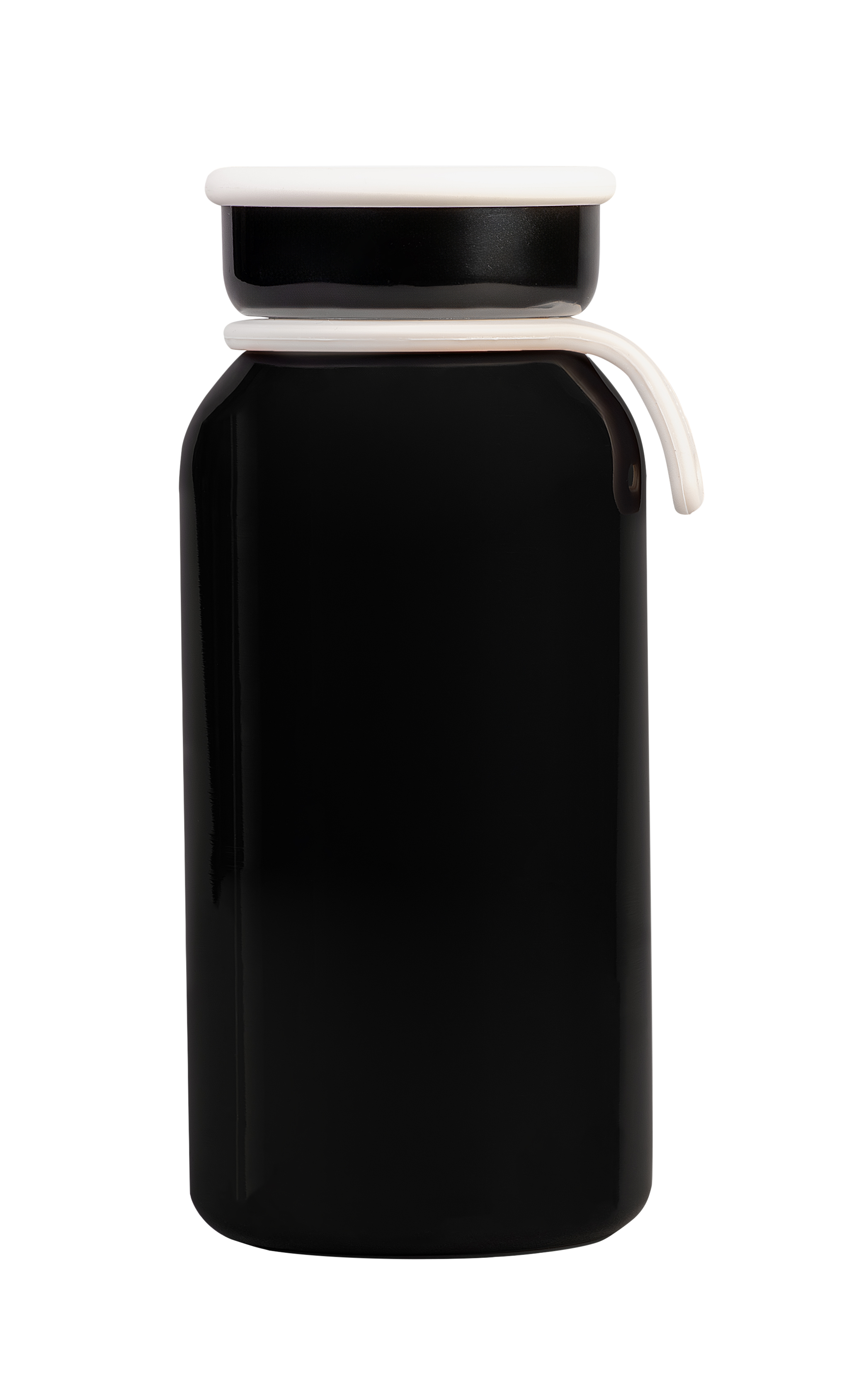 Vakuum-Trinkflasche in schwarz 400 ml mit Trageschlaufe, frontal dargestellt.