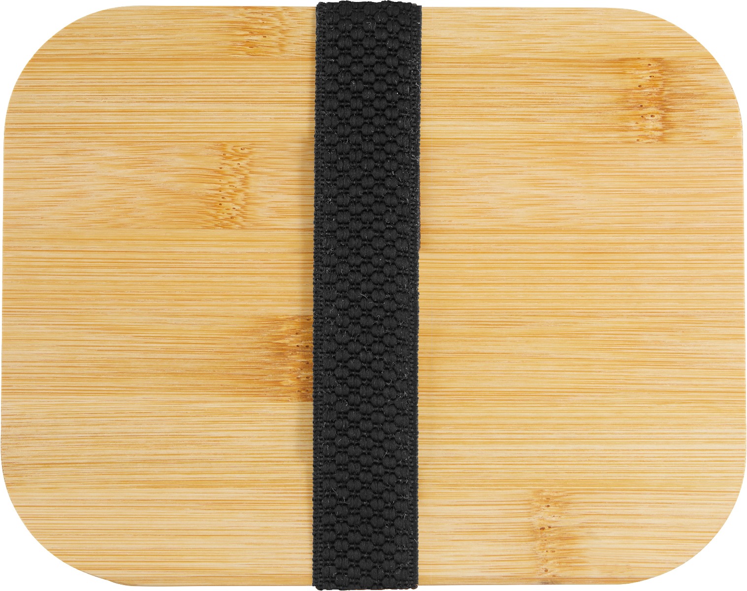 Bambusdeckel mit schwarzem, elastischem Halteband der ökologischen Edelstahl-Lunchbox in large.
