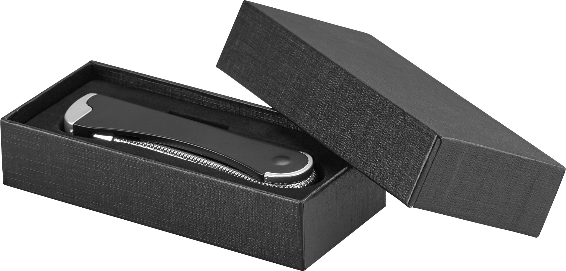 Wiederaufladbares, zusammneklappbares Lichtbogen-Stabfeuerzeug mit flexiblem Hals und USB-Kabel, dargestellt in der schwarzen Geschenkbox.