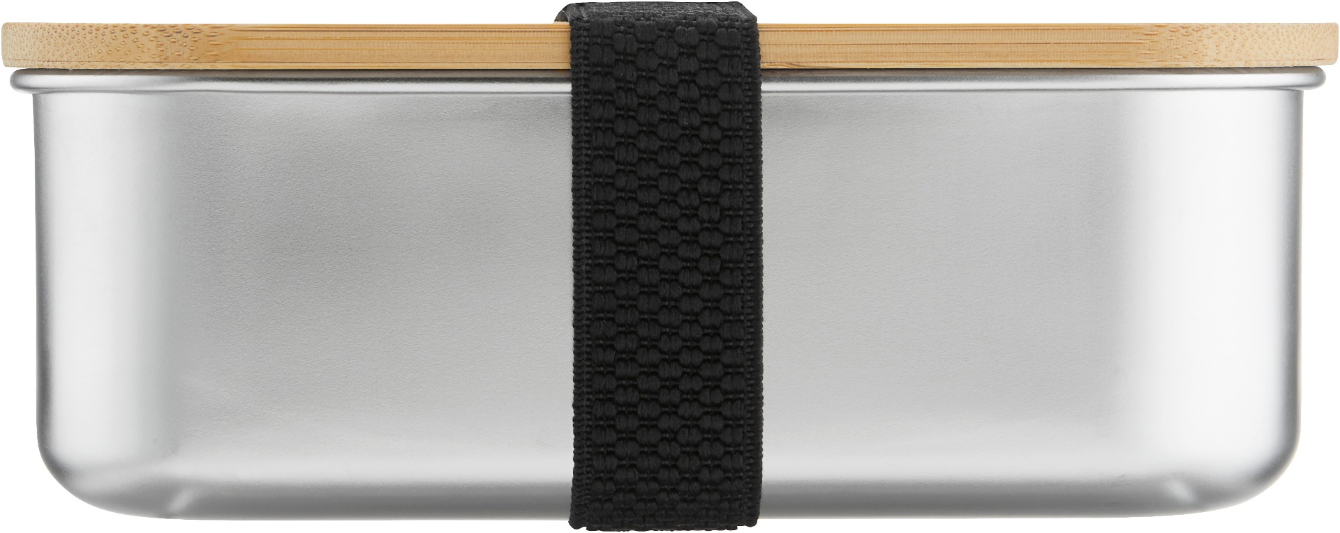 Lange Seite der ökologischen Edelstahl-Lunchbox large mit Bambusdeckel und schwarzem, elastischem Halteband.