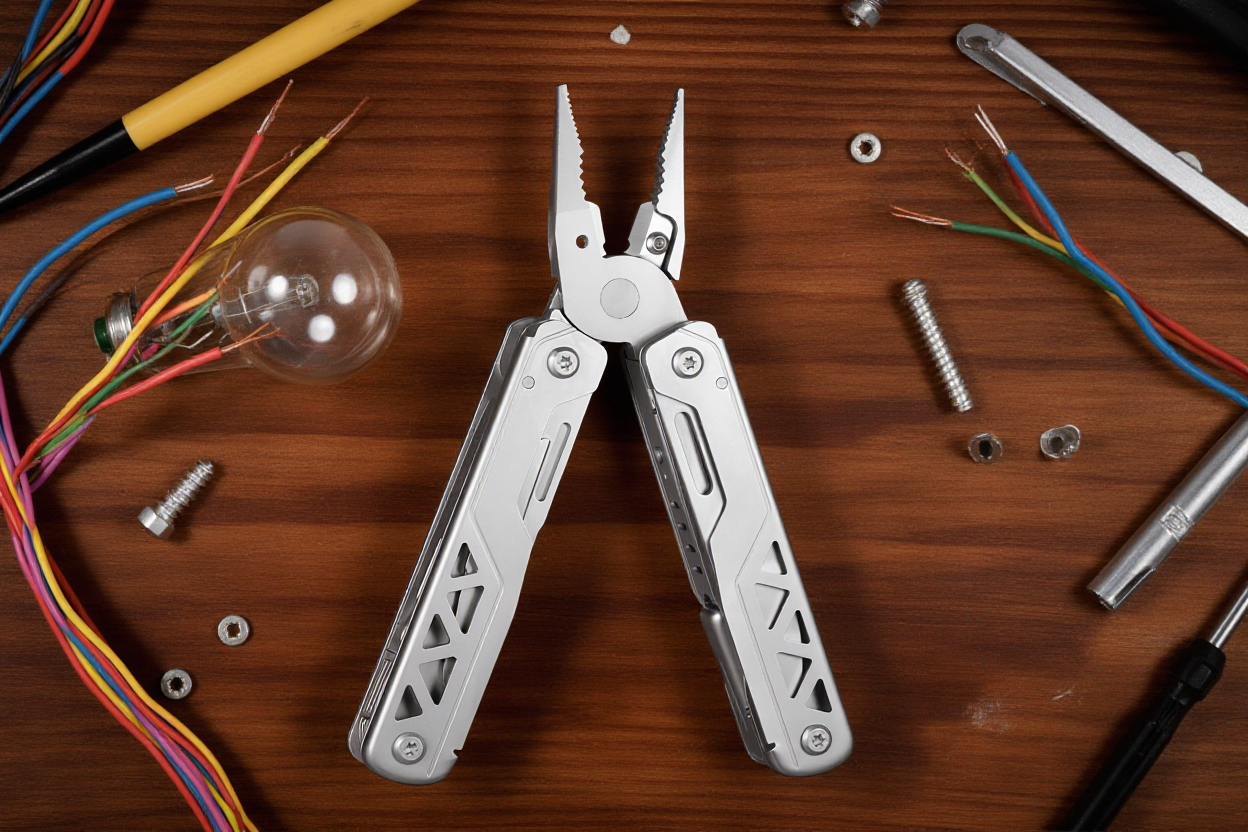 Multitool mit 15 Funktionen aus Voll-Edelstahl mit schwarzem Nylon-Holster