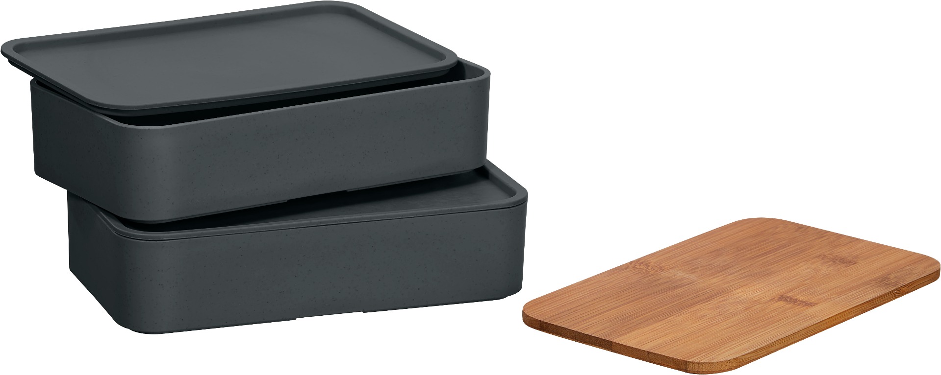 Umweltfreundliche Doppel-Lunchbox mit Bambusdeckel und Besteck, dargestellt geschlossen übereinander, Deckel daneben liegend.