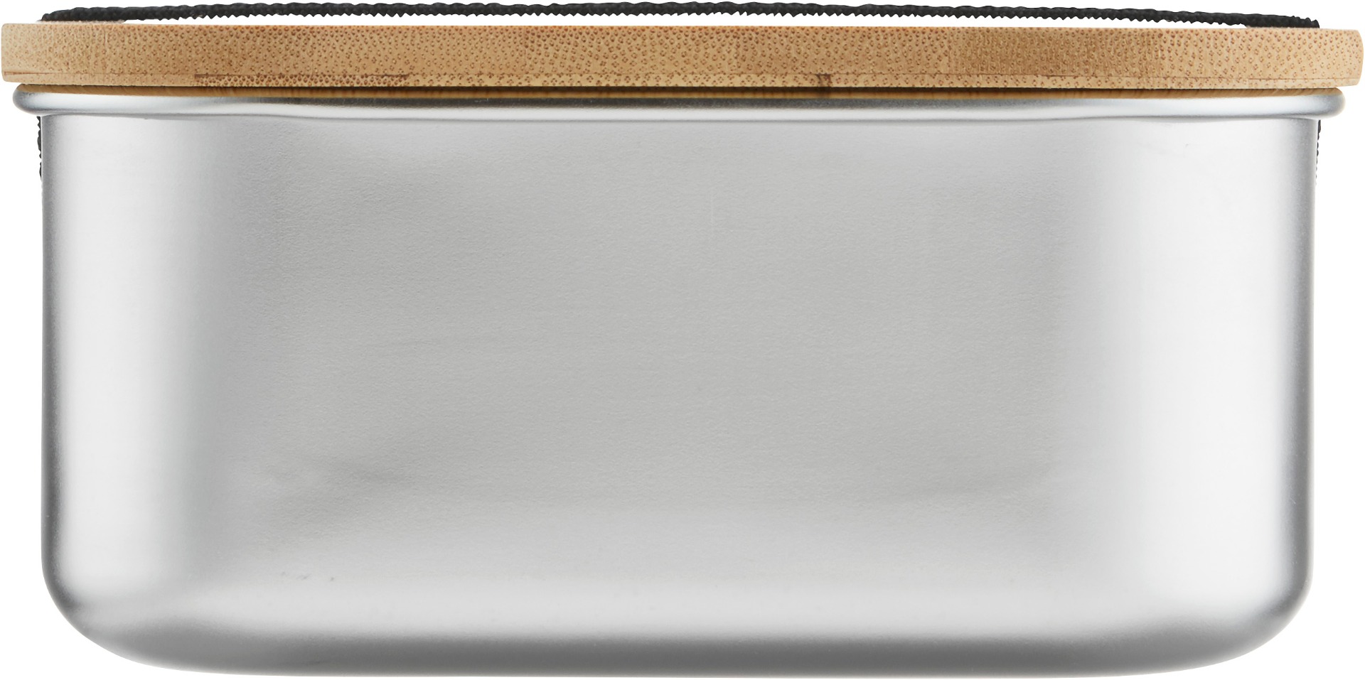 Kurze Seite der ökologischen Edelstahl-Lunchbox large mit Bambusdeckel und schwarzem, elastischem Halteband.