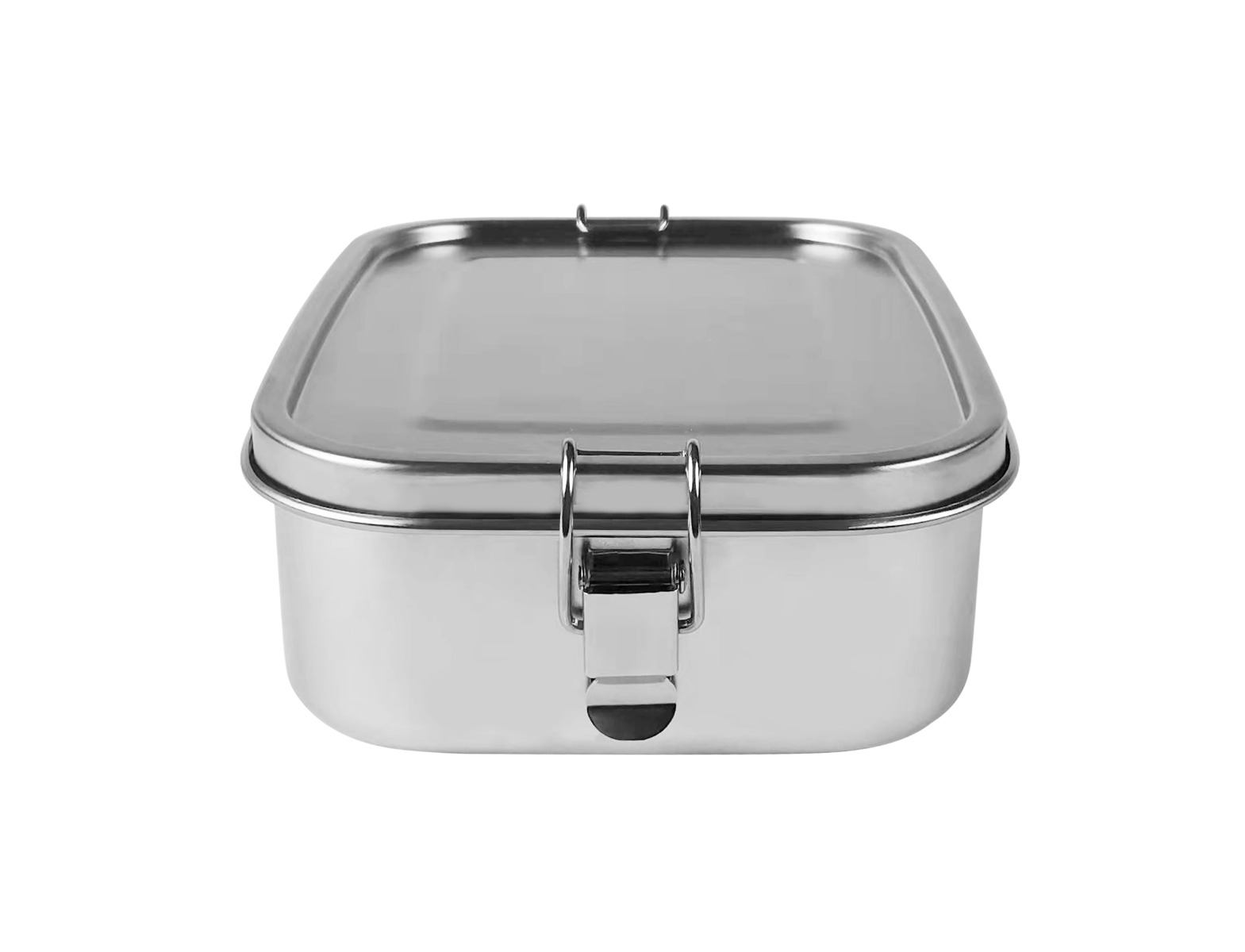 Umweltfreundliche Lunchbox mit Clip aus Edelstahl, schräg dargestellt.