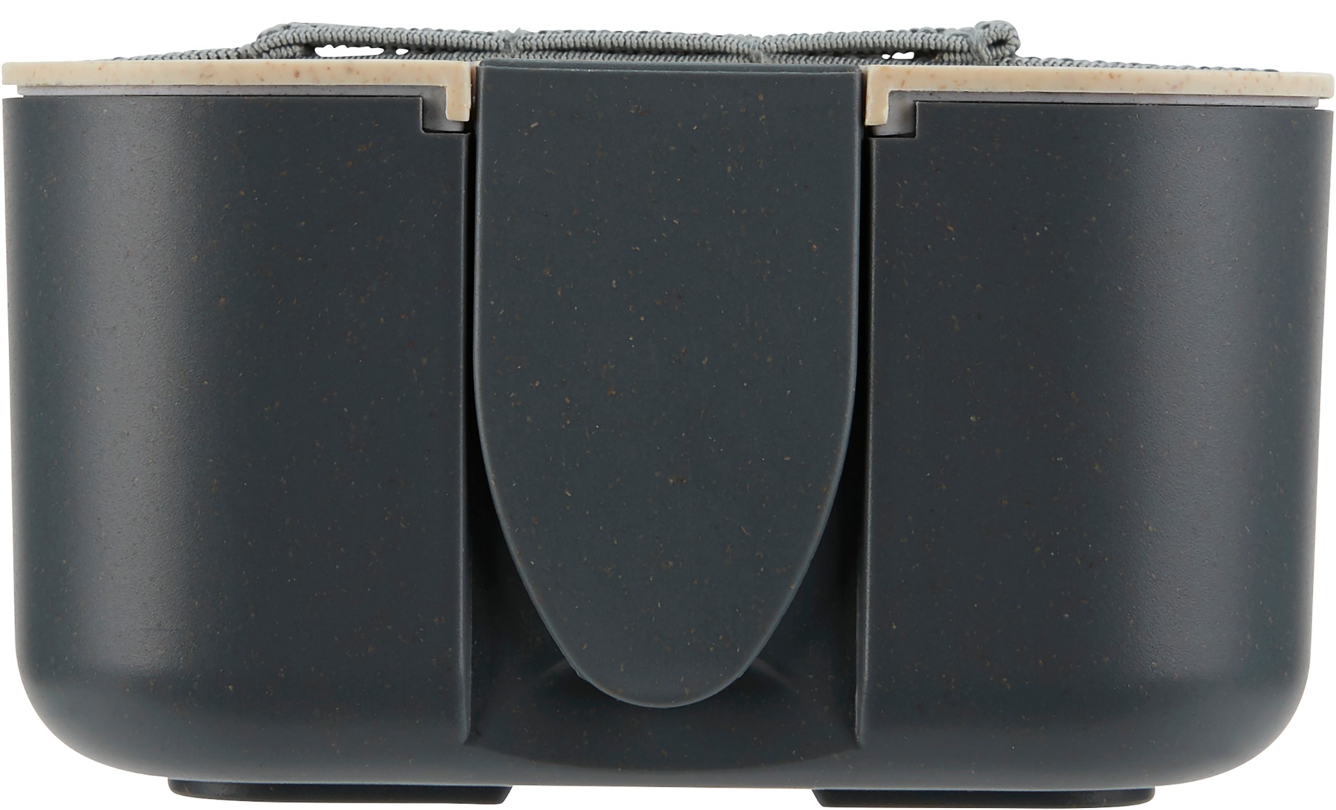 Kurze Seite der nachhaltigen Lunchbox mit Smartphonehalter und Elastikband.