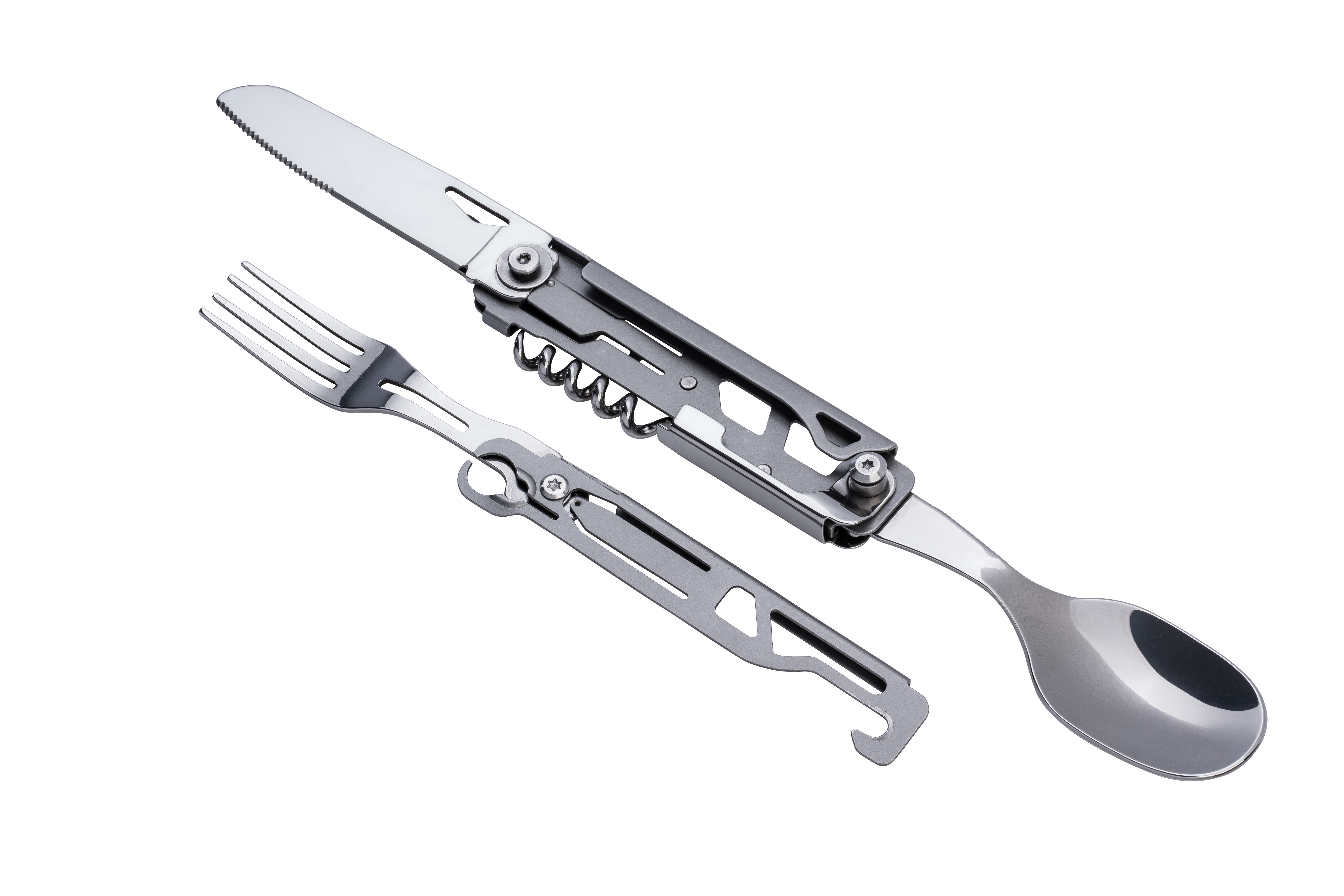 Outdoorbesteck-Set aus Edelstahl, dargestellt sind Gabel, Löffel und Messer.
